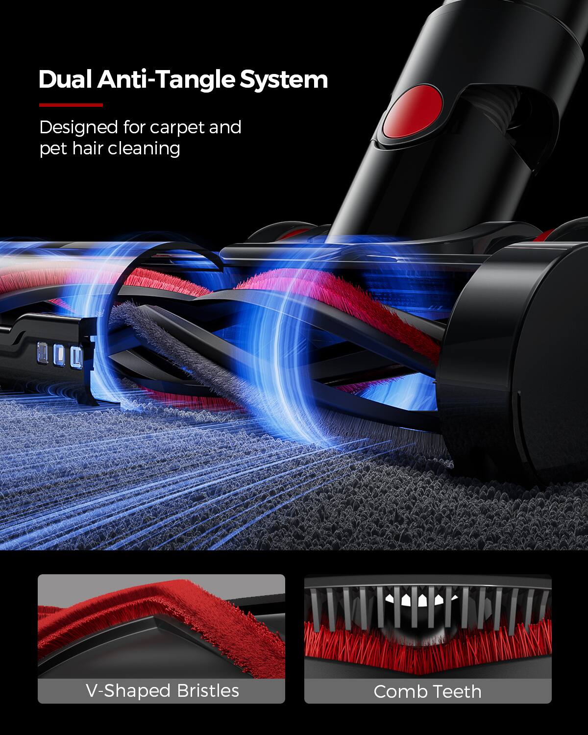 Dual Anti-Tangle System  
Designed for carpet and pet hair cleaning  

V-Shaped Bristles  
Comb Teeth
