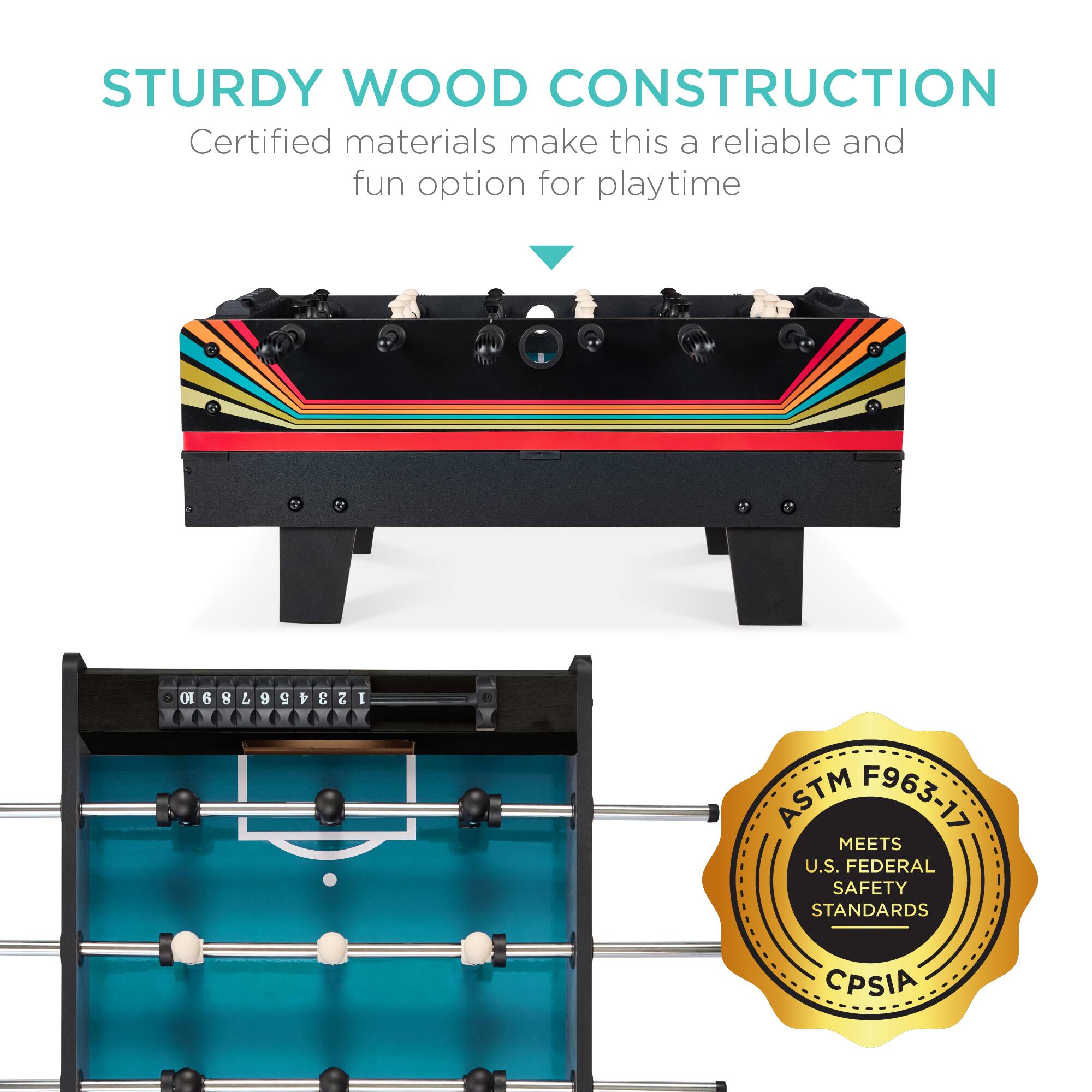 STURDY WOOD CONSTRUCTION

Certified materials make this a reliable and fun option for playtime.

DI 23456789 6 8 9 9 1 3 2 1

ASTM F963-17 MEETS U.S. FEDERAL SAFETY STANDARDS CPSIA