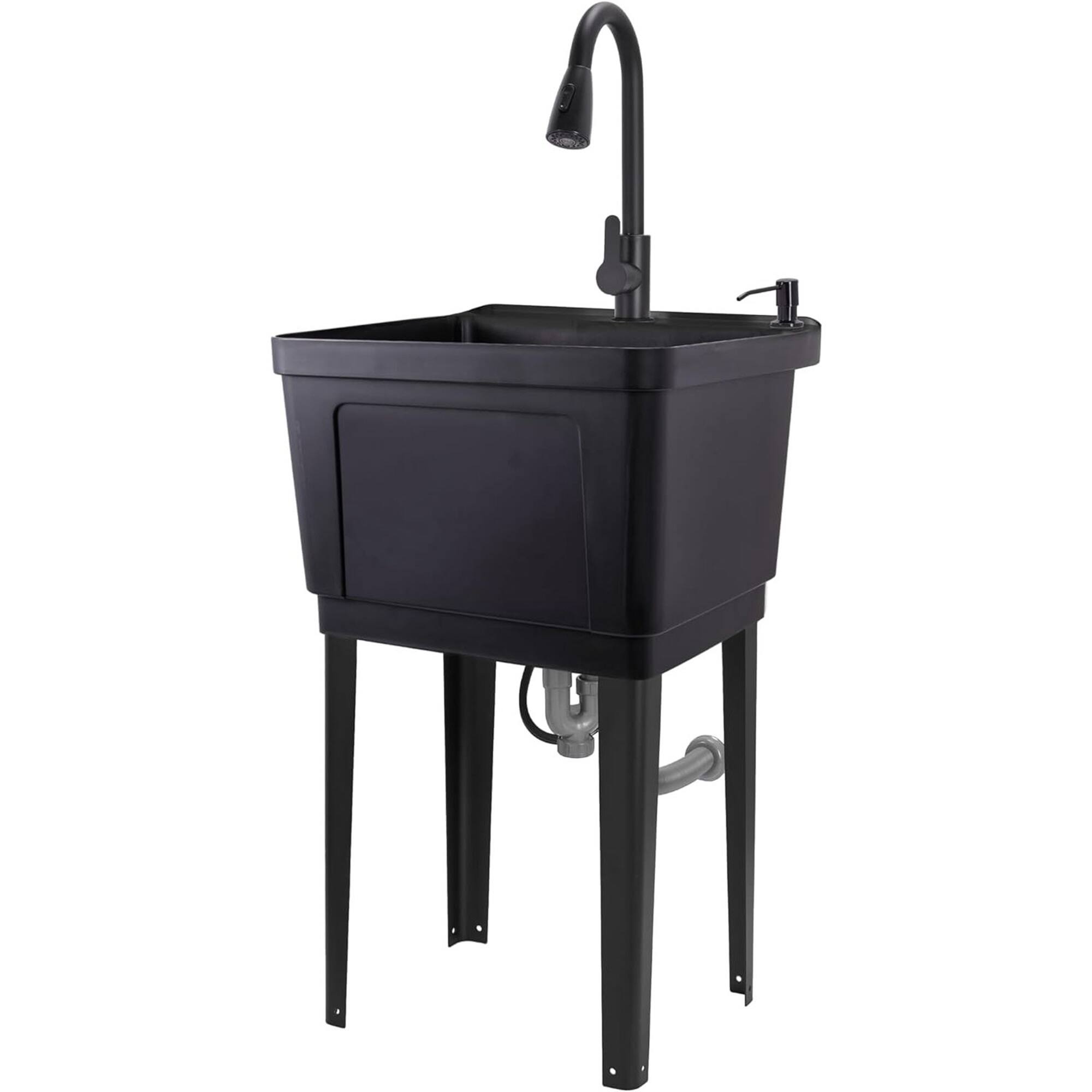 Front. Jumbl - Freestanding Utility Sink with Pull-Down Faucet, Laundry Room Sink w/Gooseneck Sprayer & More - Black.