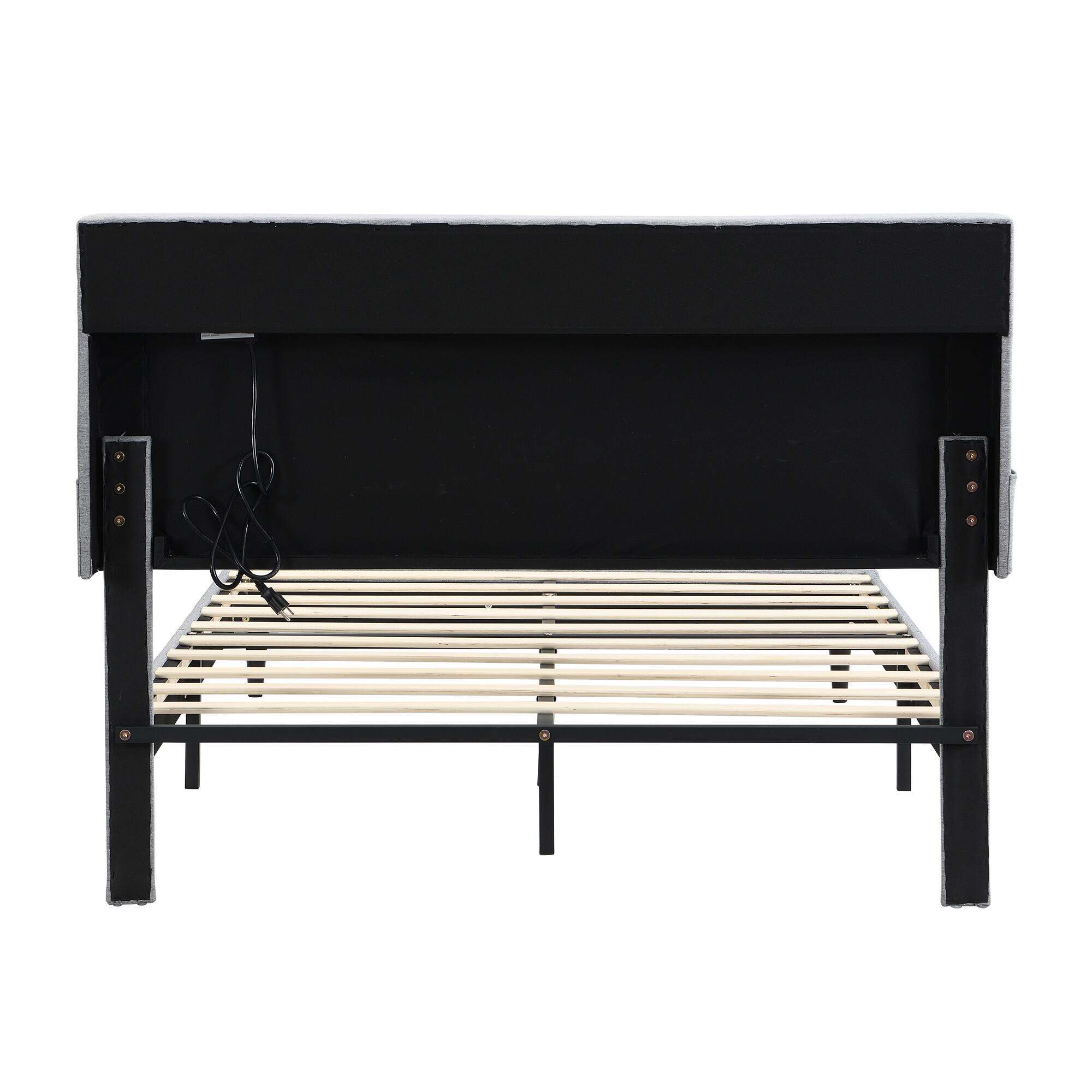 Alt View 2. LUCKY ONE - Queen Size Upholstered Platform Bed Frame with Button-Tufted Linen Headboard, USB Ports, Charging Station, Side Pockets - LIGHT GREY.