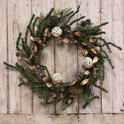 Angle. BreeBe - Birch Cone Pod & Glitter Rattan Ball Pine Wreath - Multi.