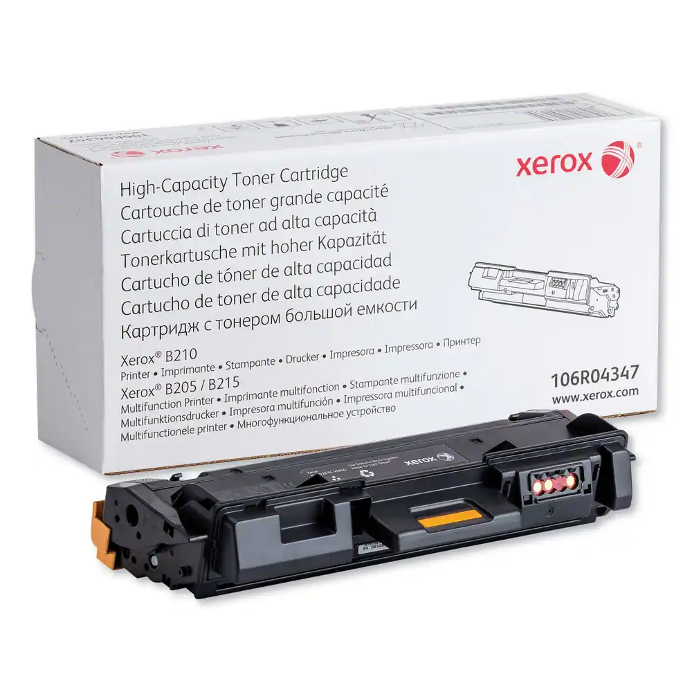 Sure, here is the corrected and grouped text:
---
**Xerox High-Capacity Toner Cartridge**
- Cartouche de toner grande capacité
- Cartuccia di toner ad alta capacità
- Tonerpatrone mit hoher Kapazität
- Cartucho de tóner de alta capacidad
- Cartucho de toner de alta capacidad
- Картридж с тонером большой емкости
**Compatible with:**
- Xerox® B210
- Xerox® B205 / B215
**Printer Models:**
- Printer • Imprimante • Drucker • Impresora • Печать
- Multifunction Printer • Imprimante multifonction • Stampante multifunzione • Impresora multifuncional • Многорункциональное устройство
**Product Code:**
- 106R04347
**Website:**
- www.xerox.com
---