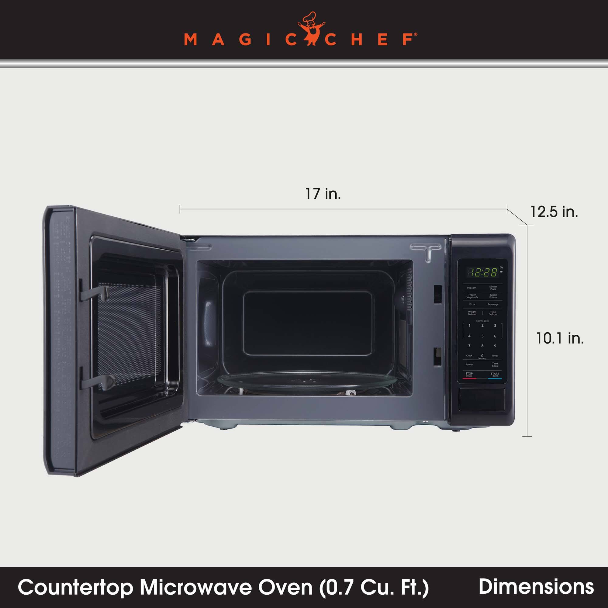 MAGICCHEF

17 in.
12.5 in.
12:28
Procort
-
MALK
5
Importe
con
1 4 I
- : ! . 1 : i
10.1 in.
TM
:
VIP

Countertop Microwave Oven (0.7 Cu. Ft.)
Dimensions