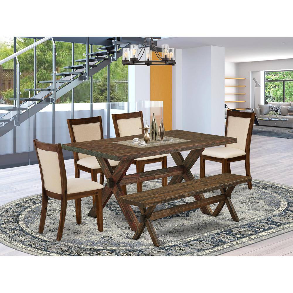 Angle. East West Furniture - East West Furniture 6-Piece Dining Room Set Consists of a Rectangular Table and a Wooden Bench with 4 Light Beige Linen - Multi-Color.