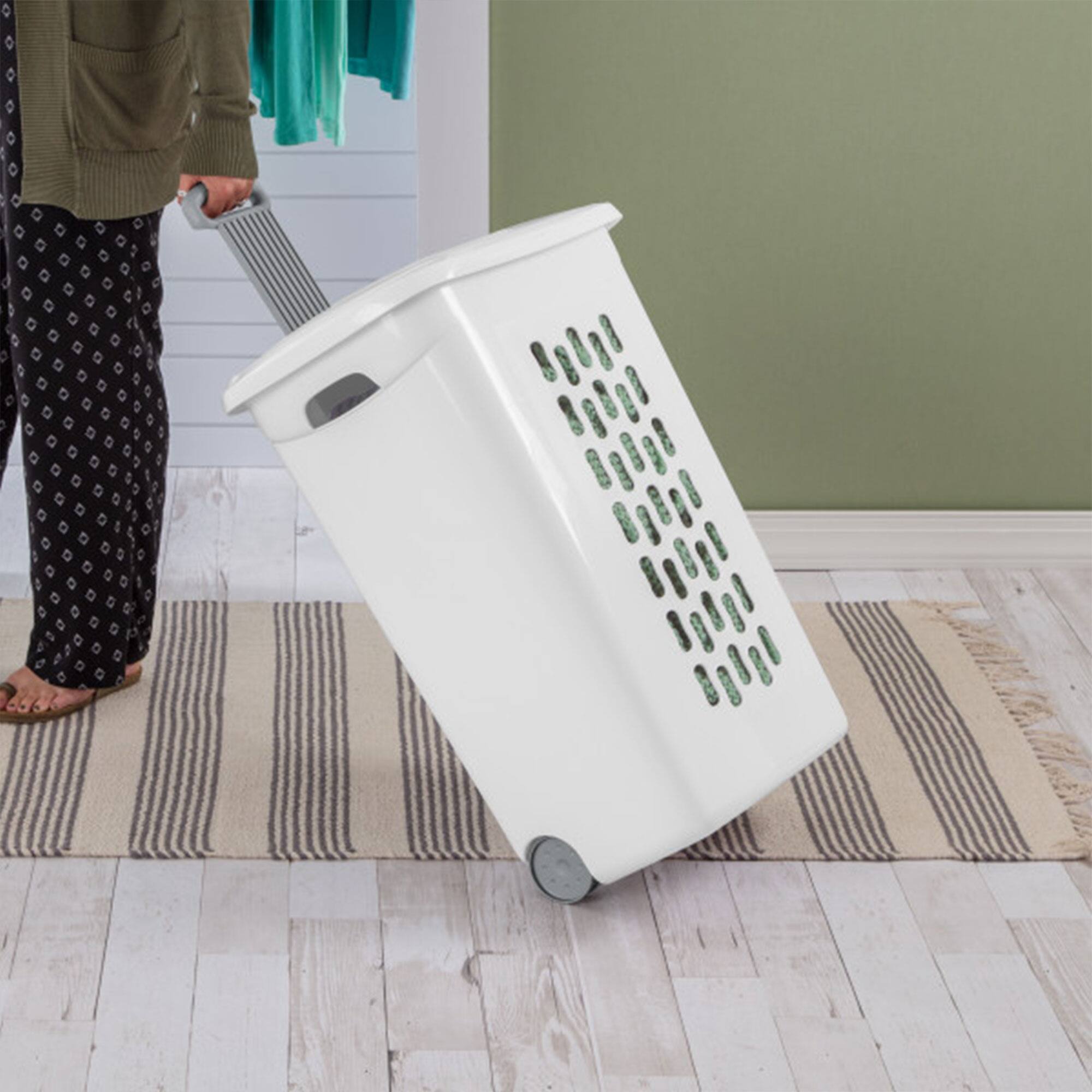 Alt View 4. Sterilite - Sterilite White Laundry Hamper With Lift-Top, Wheels, And Pull Handle, 9 Pack - White.