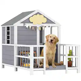 Pawhut - Dog House, 61"L Wooden Dog House with Porch, Weatherproof Roof, Elevated Base - Gray