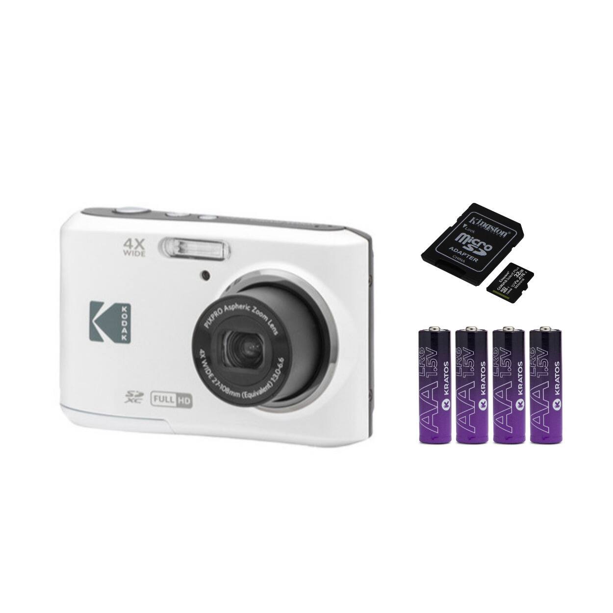 The image features a Kodak Pixpro camera with a wide lens, along with a memory card and batteries. The camera is designed for full HD video and has an aspheric lens for improved image quality. The memory card and batteries are essential for storing and powering the camera during use.
