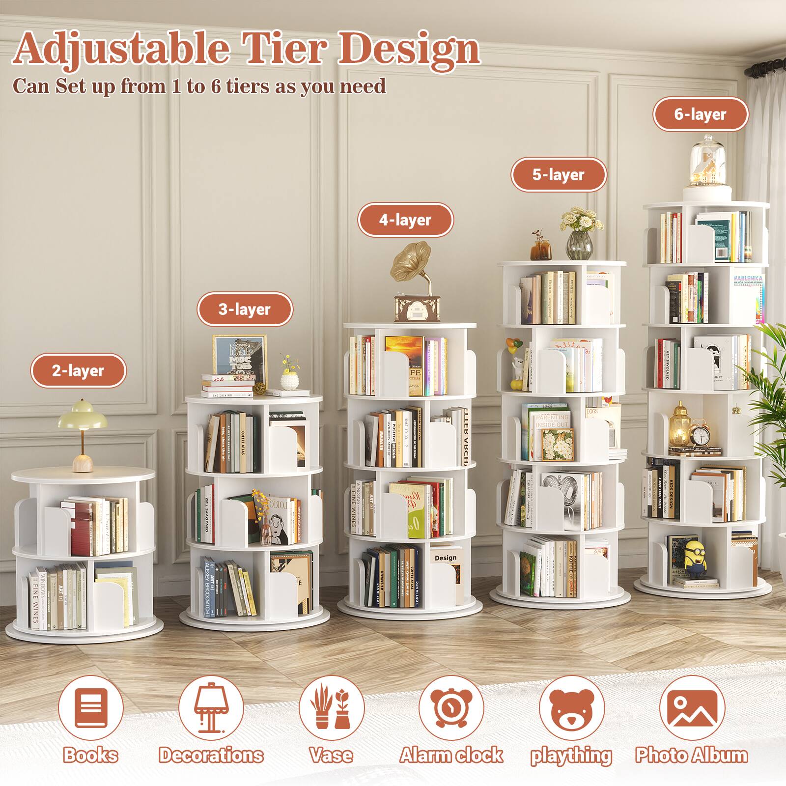 Adjustable Tier Design  
Can Set up from 1 to 6 tiers as you need  
6-layer 5-layer 4-layer 3-layer 2-layer  

Books Decorations Vase Alarm clock plaything Photo Album