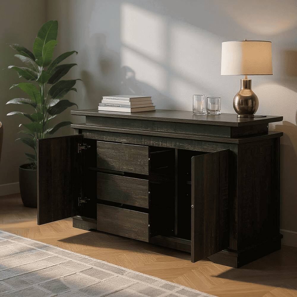 Angle. Kadyn - Kadyn Console Table with LED Light, Wooden Storage Cabinet with Drawers and Doors for Entryway, Dark Wood Grain - Gray.