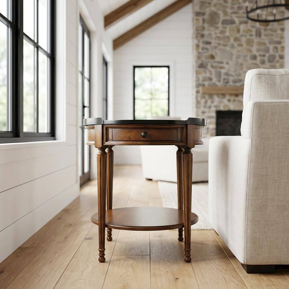 Angle. Starlight Canyon Home - Round Side Table with Drawer - Medium Brown.