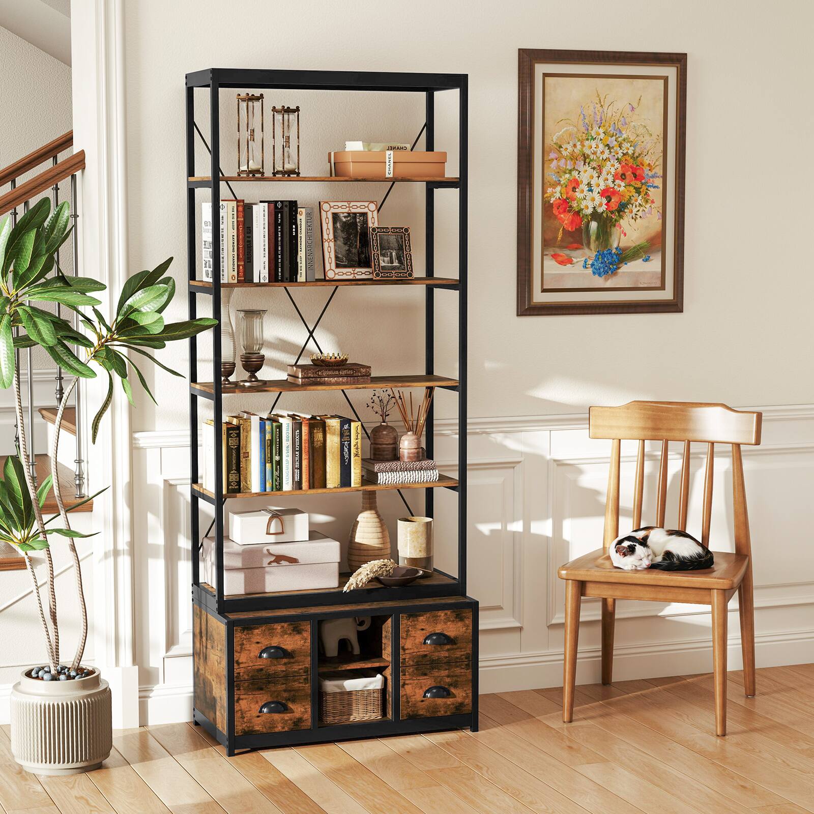 Alt View 3. Gymax - Gymax 8-tier Bookshelf 79'' Freestanding Bookcase w/ 4 Fabric Drawers & Storage - Rustic Brown.