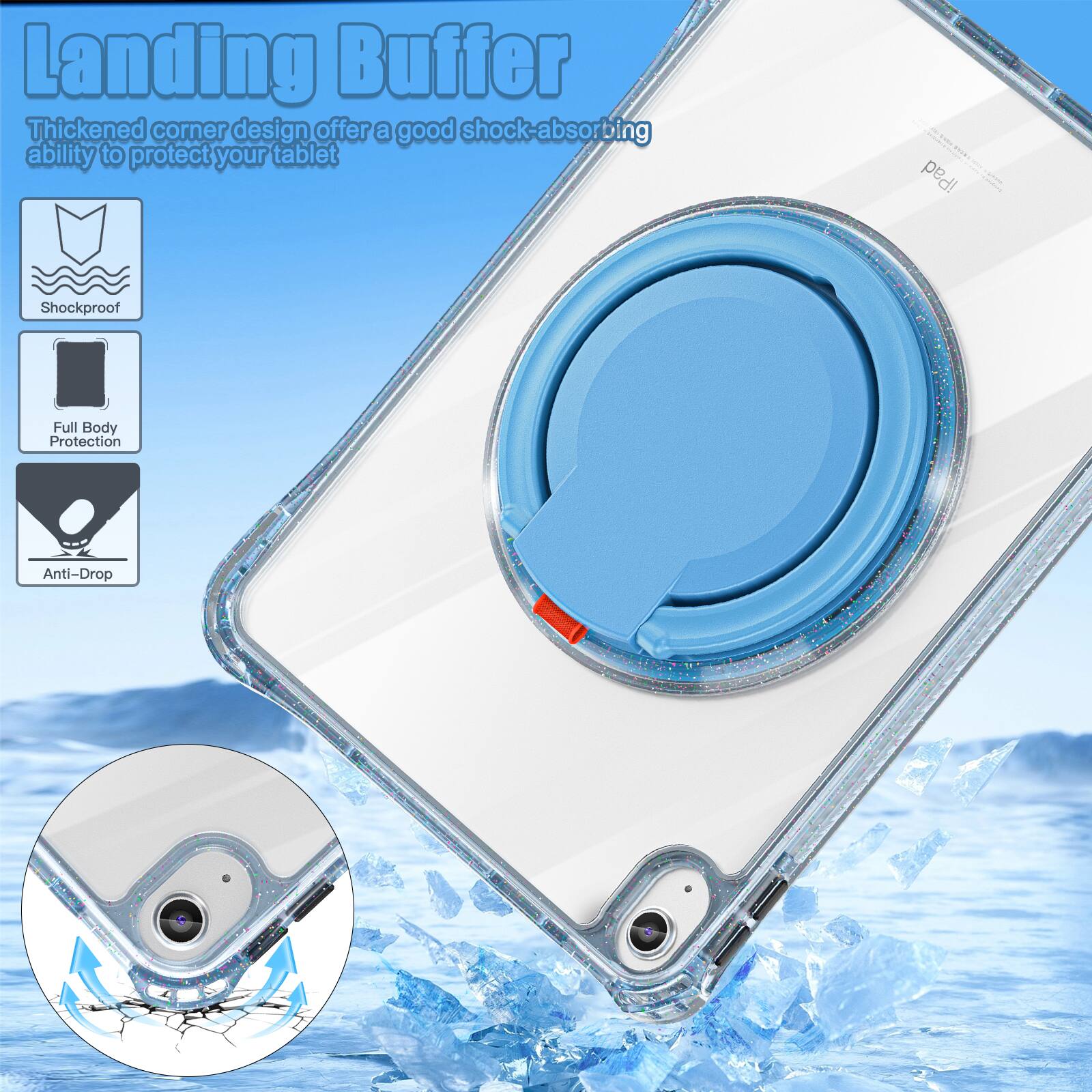 Landing Buffer

Thickened corner design offers a good shock-absorbing ability to protect your tablet

iPad - Shockproof Full Body Protection Anti-Drop