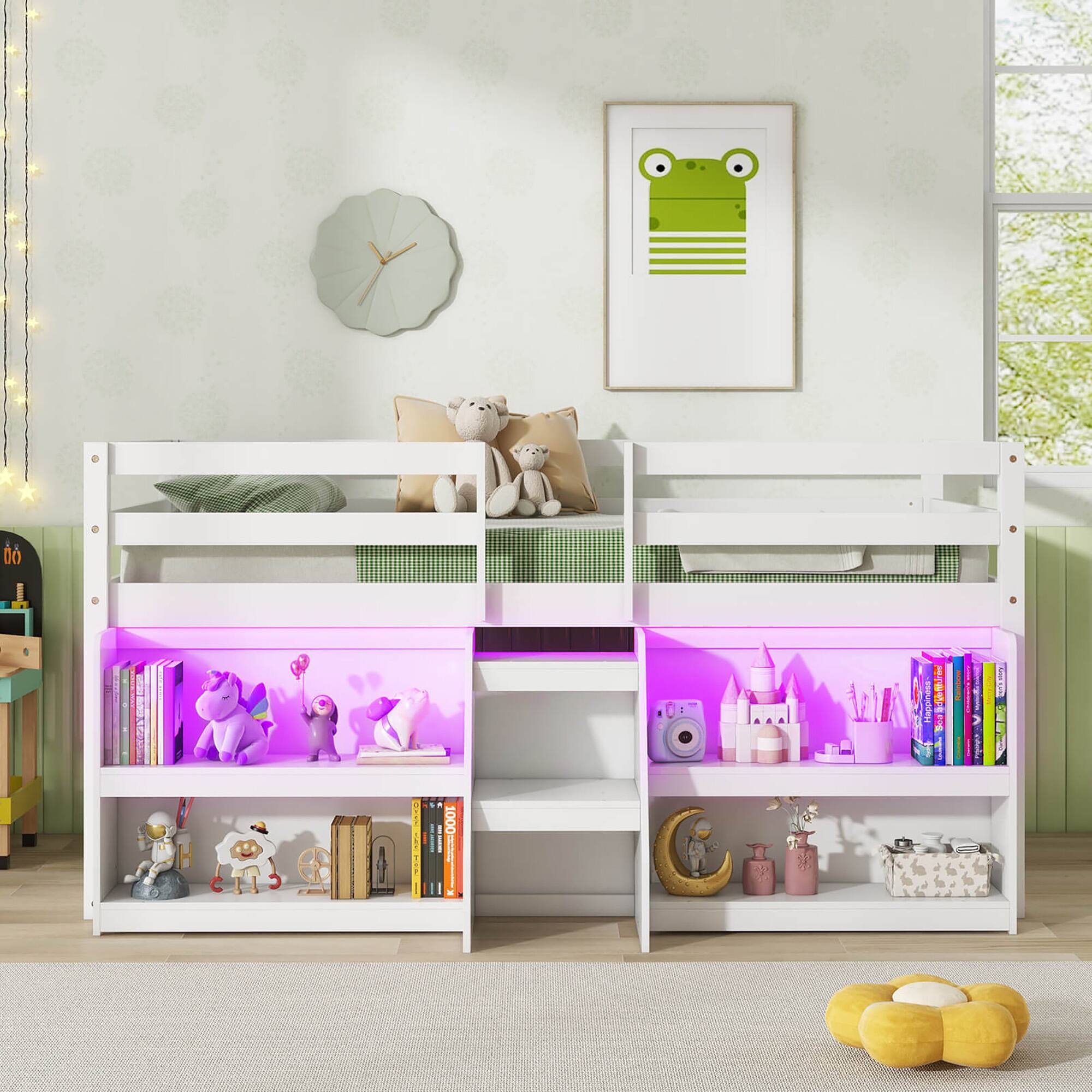 Alt View 3. Gymax - Gymax Twin Size Loft Bed w/ LED Lights Staircase & Safety Guardrail Under-bed Storage White - White.