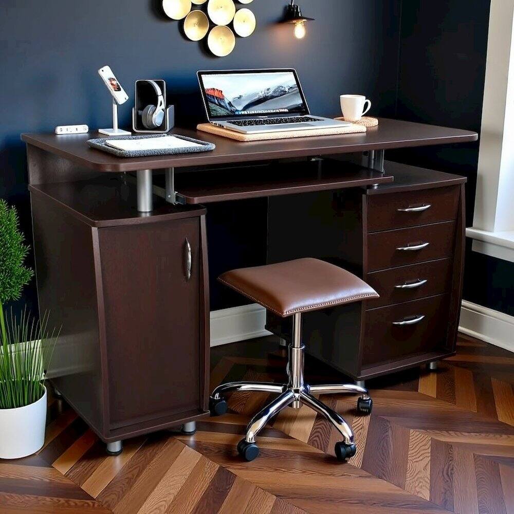 Alt View 4. FurniFact - Brown Home Office Desk with Storage 2 Drawers - Brown.