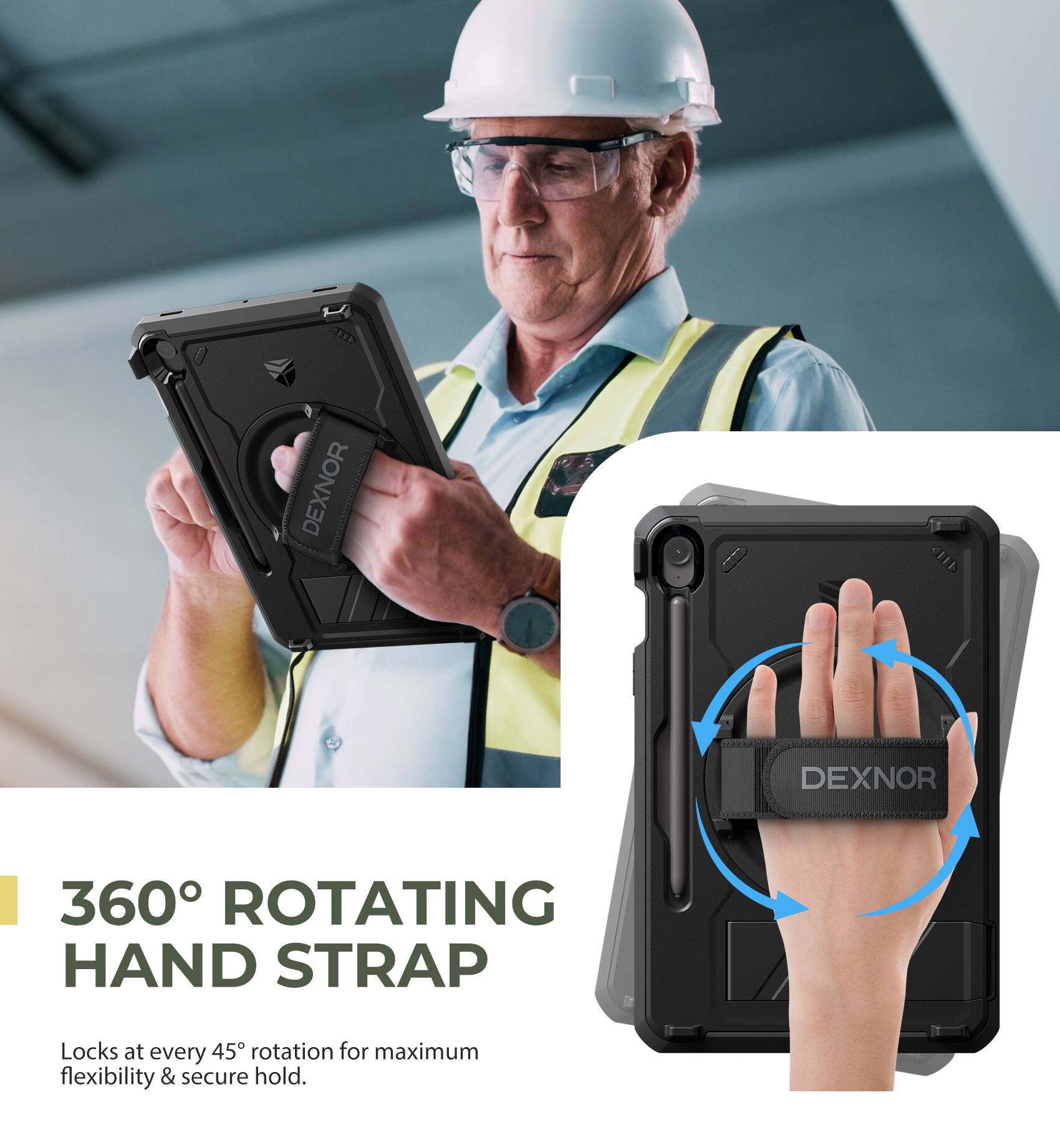 RED DEXNOR DEXNOR 360° ROTATING HAND STRAP  
Locks at every 45° rotation for maximum flexibility & secure hold.