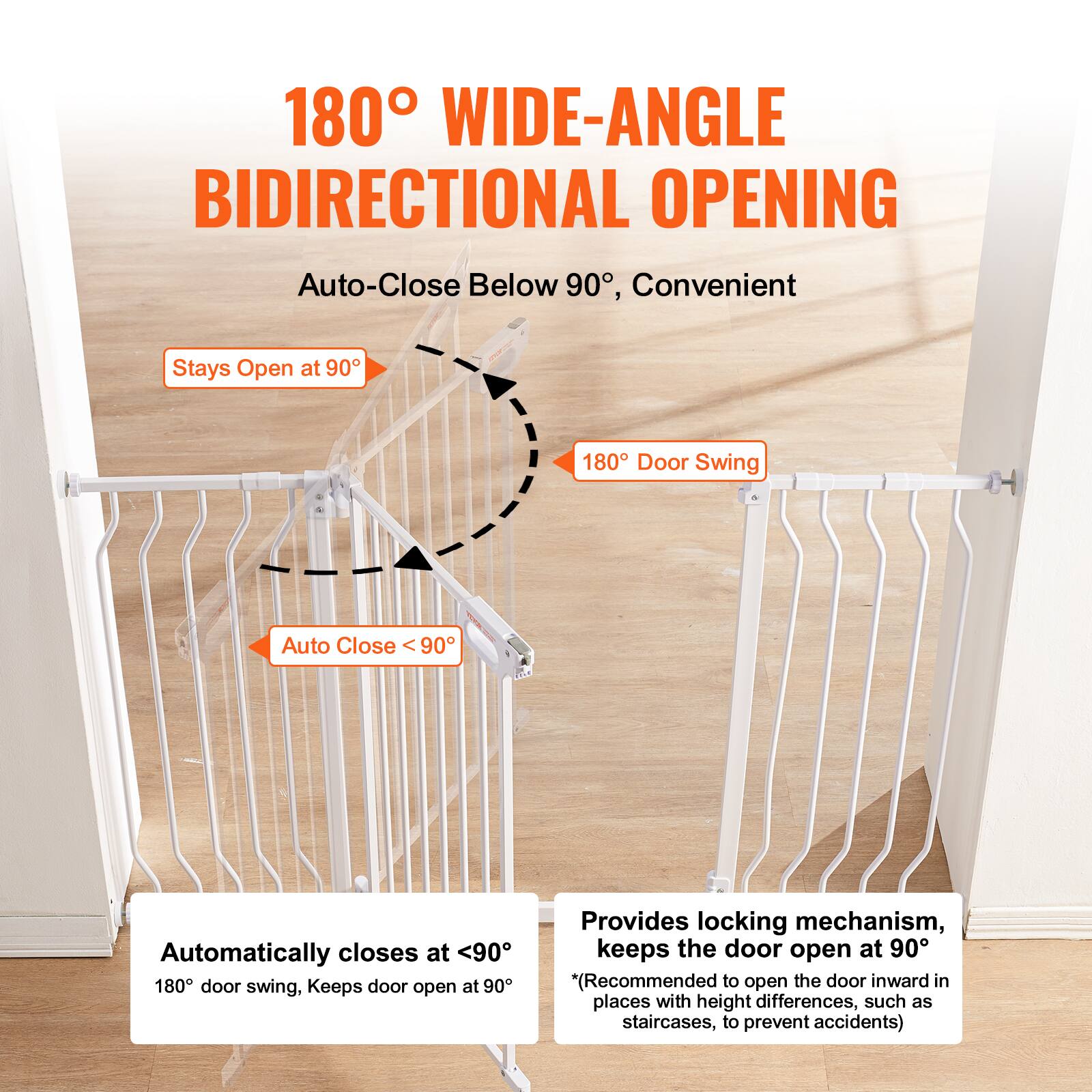 The text on the image can be grouped and corrected as follows:

**180° Wide-Angle Bidirectional Opening**

- **Auto-Close Below 90°**: Convenient
- **Stays Open at 90°**
- **180° Door Swing**
- **Auto Close <90°**: Automatically closes at <90°
- **Keeps Door Open at 90°**: Provides locking mechanism, keeps the door open at 90°
- *(Recommended to open the door inward in places with height differences, such as staircases, to prevent accidents)*

This ensures clarity and proper formatting of the product's features.