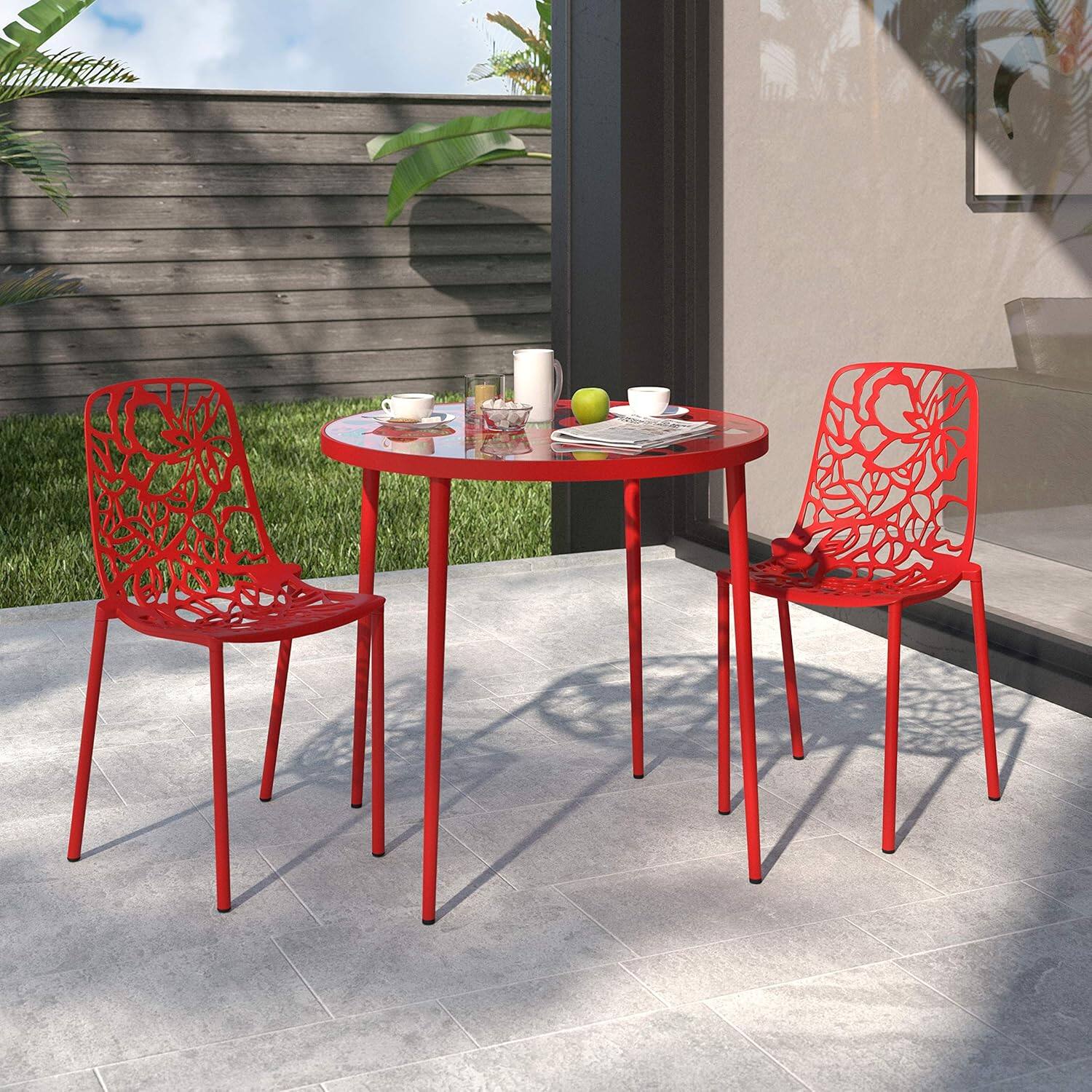 Angle. LeisureMod - Devon (Set of 2) Aluminum Outdoor Dining Chair, UV Resistant & Stackable Floral Design Accent Chair - Fully Assembled - Red.