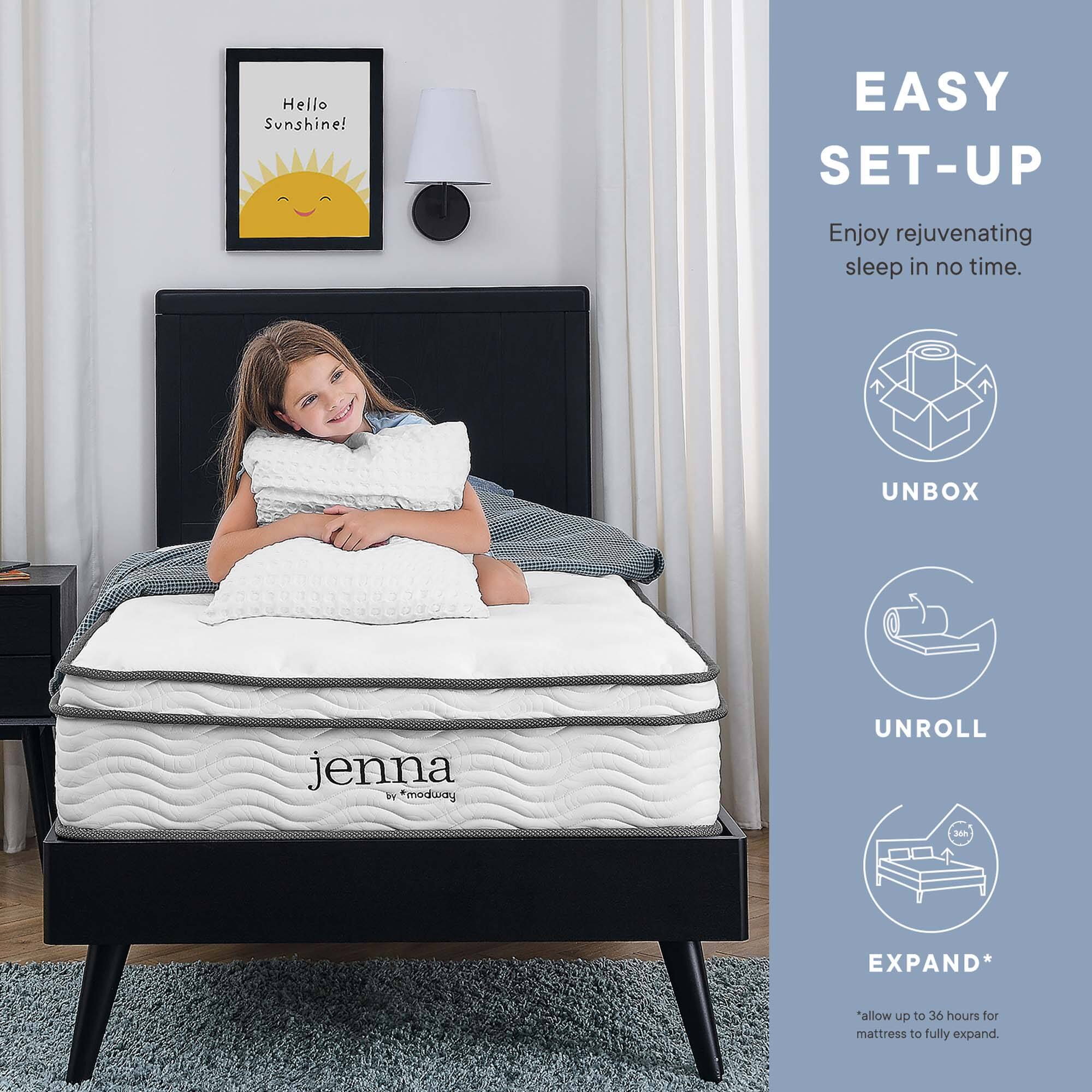 Hello Sunshine!  
EASY SET-UP  
Enjoy rejuvenating sleep in no time.  
UNBOX  
UNROLL  
EXPAND*  
*allow up to 36 hours for mattress to fully expand.