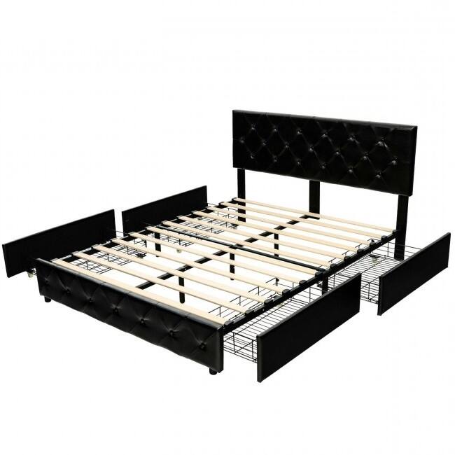 Angle. Hivvago - Hivvago Full Size PU Leather Button Tufted Platform Bed with 4 Storage Drawers - Black.