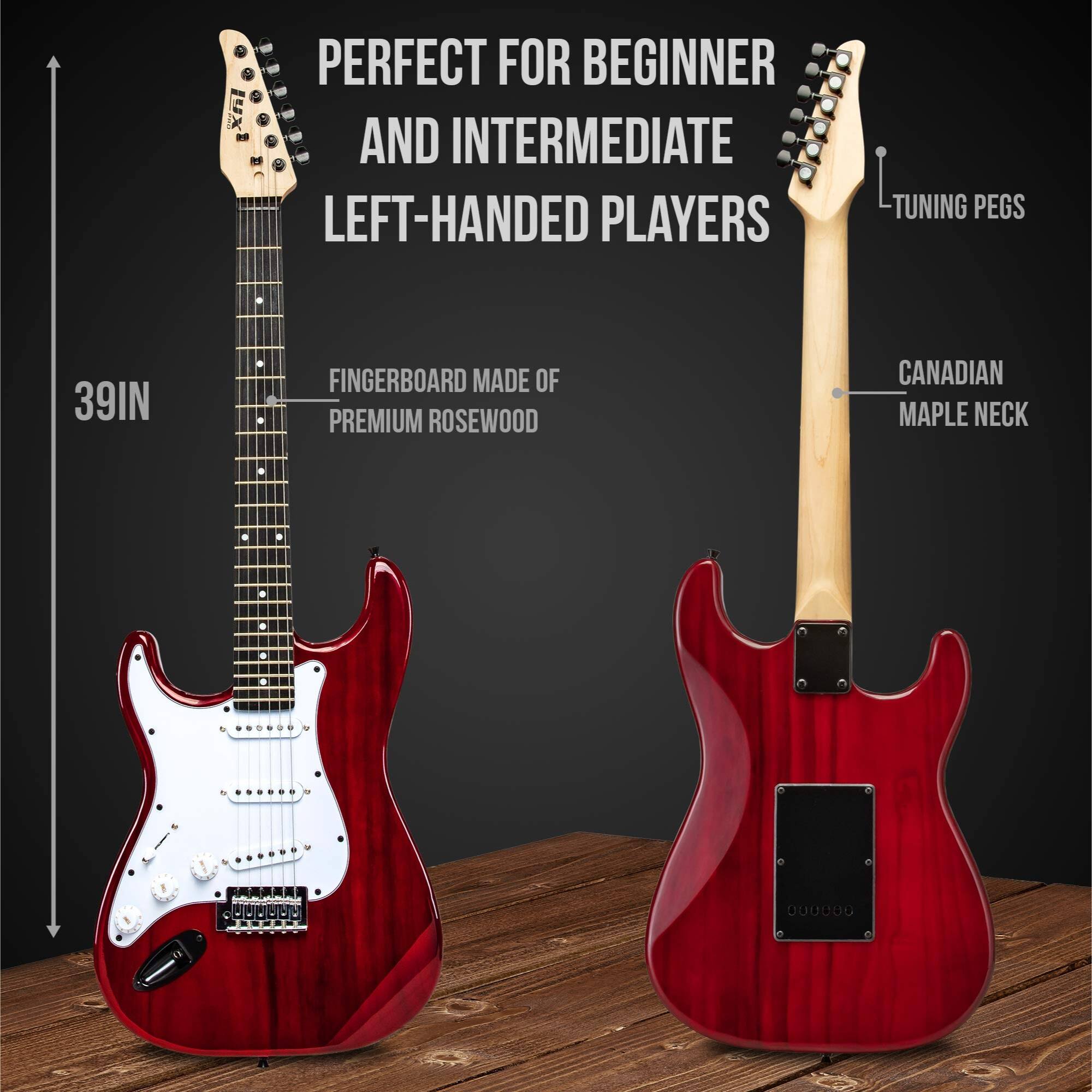 PERFECT FOR BEGINNER AND INTERMEDIATE LEFT-HANDED PLAYERS  
TUNING PEGS  
39IN  
FINGERBOARD MADE OF PREMIUM ROSEWOOD  
CANADIAN MAPLE NECK