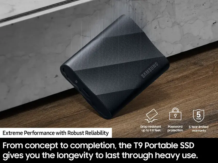 SAMSUNG T9 Portable SSD: 5 Year Limited Warranty, 9.8 Feet Drop Resistant, Password Protection, Extreme Performance with Robust Reliability. From concept to completion, the T9 Portable SSD gives you the longevity to last through heavy use.