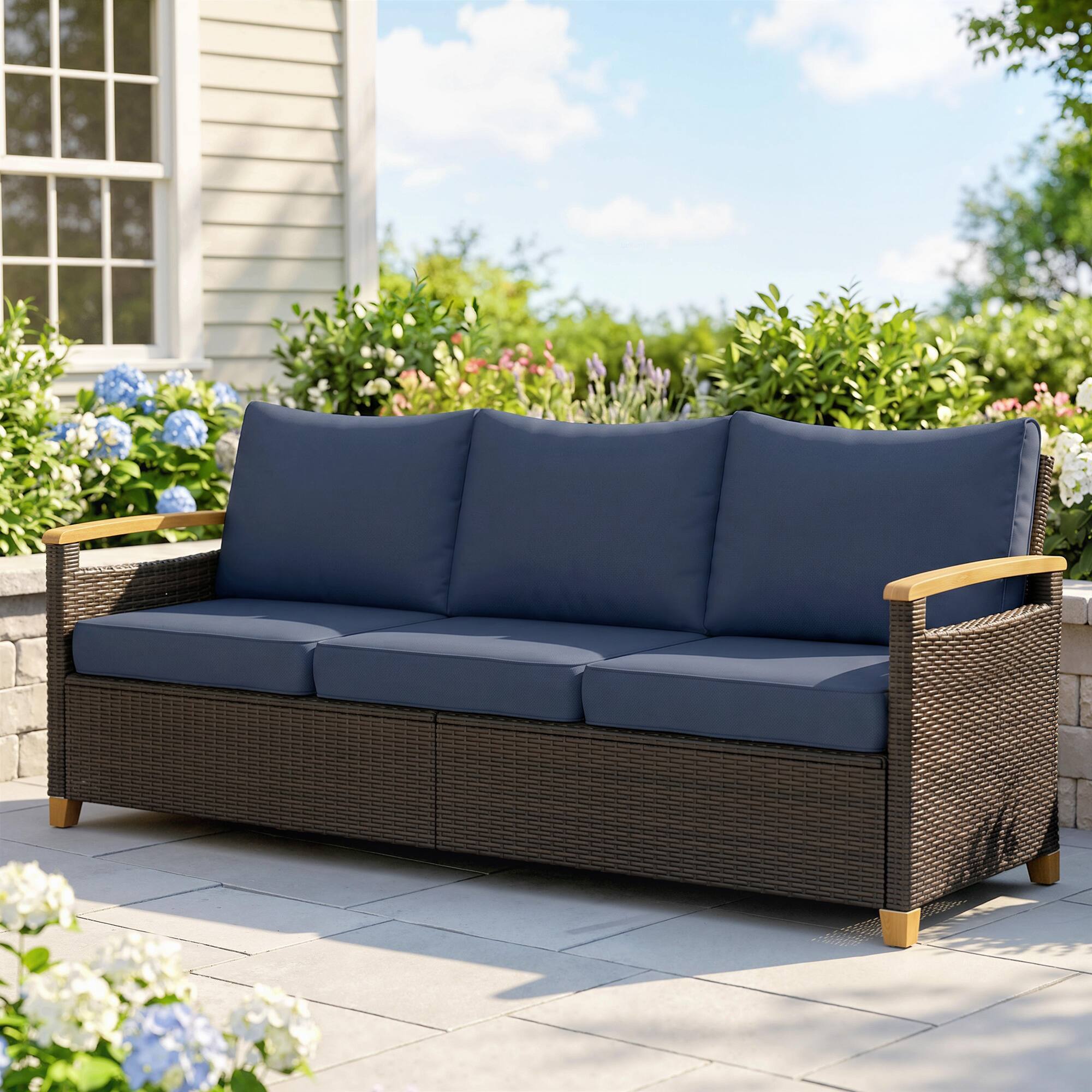 Alt View 1. Outsunny - Seater Outdoor Couch Sofa, PE Wicker Patio Sofa, Wide Deep Seat, 4" Cushions, Wood-Effect Armrests Legs - Dark Blue.