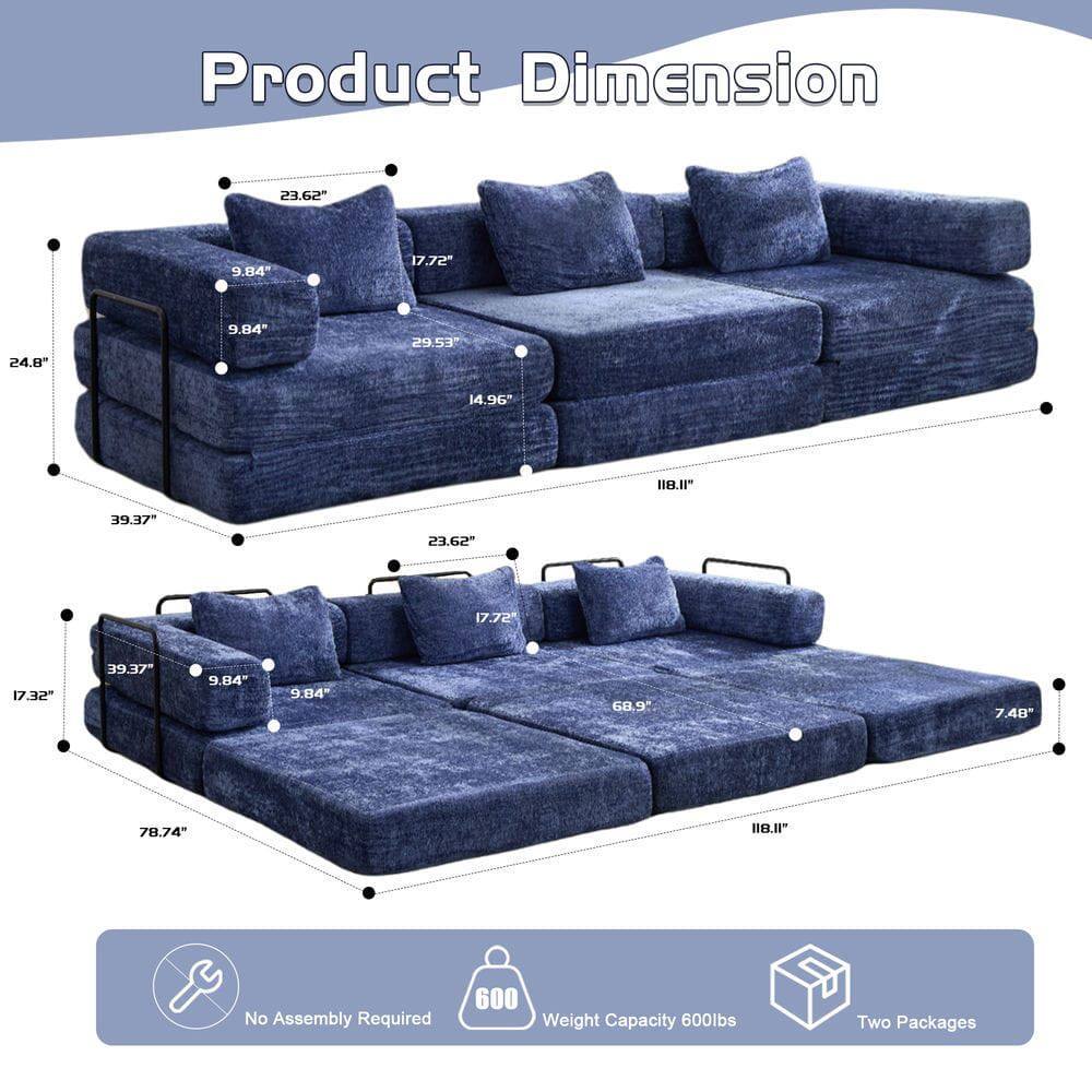 Product Dimension

- 23.62" x 9.84" x 17.72"
- 24.8" x 9.84" x 14.96"
- 39.37" x 9.84" x 17.72"
- 39.37" x 9.84" x 17.32"
- 68.9" x 7.48" x 78.74"
- 118.1" x 68.9" x 7.48"

No Assembly Required

Weight Capacity 600lbs

Two Packages