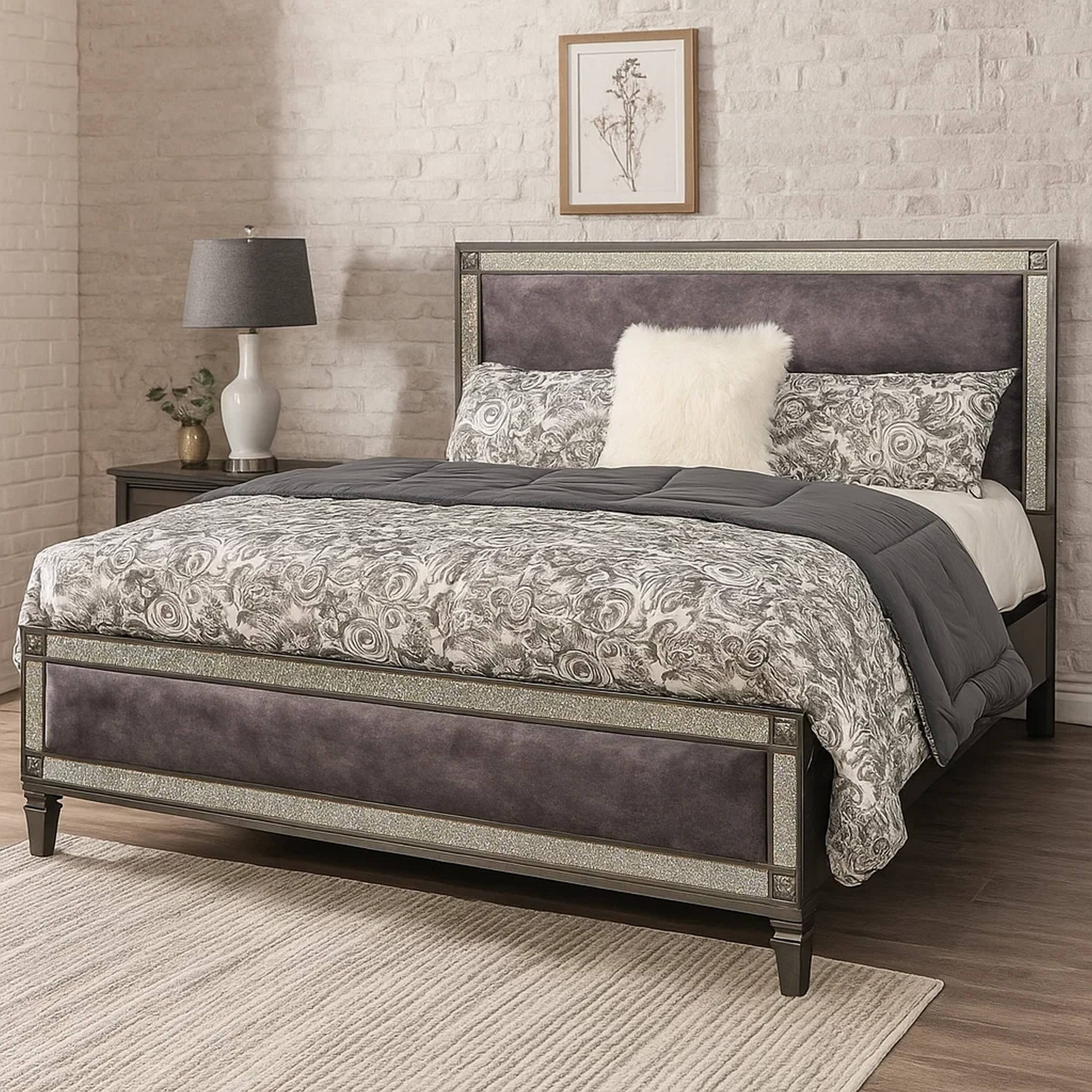 Alt View 5. Manhattan Lane - Laine Queen Bed, Glam Crystal Acrylic Trim, Gray Fabric Upholstered - Gray.