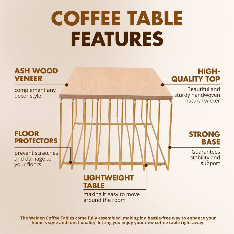 COFFEE TABLE FEATURES

ASH WOOD VENEER
complement any decor style

HIGH-QUALITY TOP
Beautiful and sturdy handwoven natural wicker

FLOOR PROTECTORS
prevent scratches and damage to your floors

STRONG BASE
Guarantees stability and support

LIGHTWEIGHT TABLE
making it easy to move around the room

The Walden Coffee Tables come fully assembled, making it a hassle-free way to enhance your home's style and functionality, letting you enjoy your new coffee table right away.