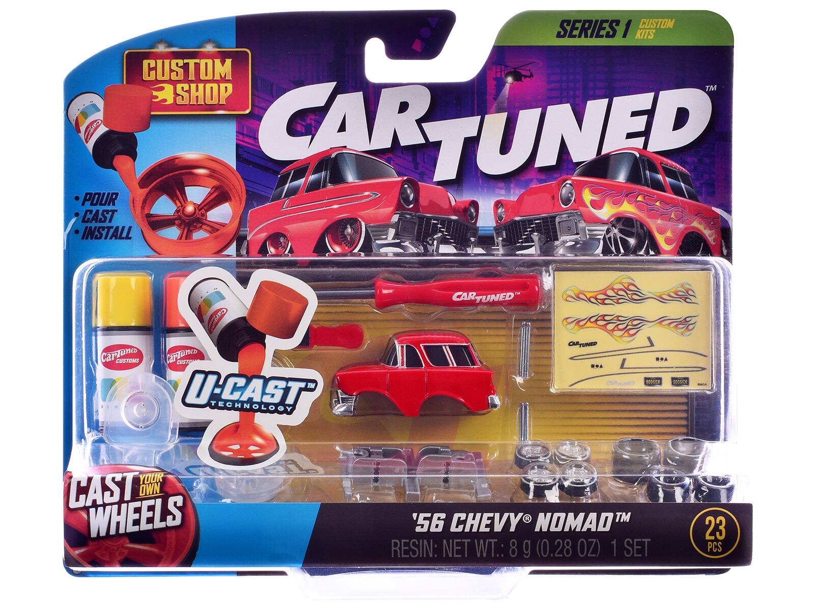 CUSTOM SERIES 1 KITS  
CUSTOM TM SHOP  
CarTuned  
CUSTOMS  
U-CAST TECHNOLOGY  
CAST YOUR OWN WHEELS  
'56 CHEVY NOMAD™  
RESIN: NET WT.: 8 g (0.28 OZ) 1 SET  
23 PCS
