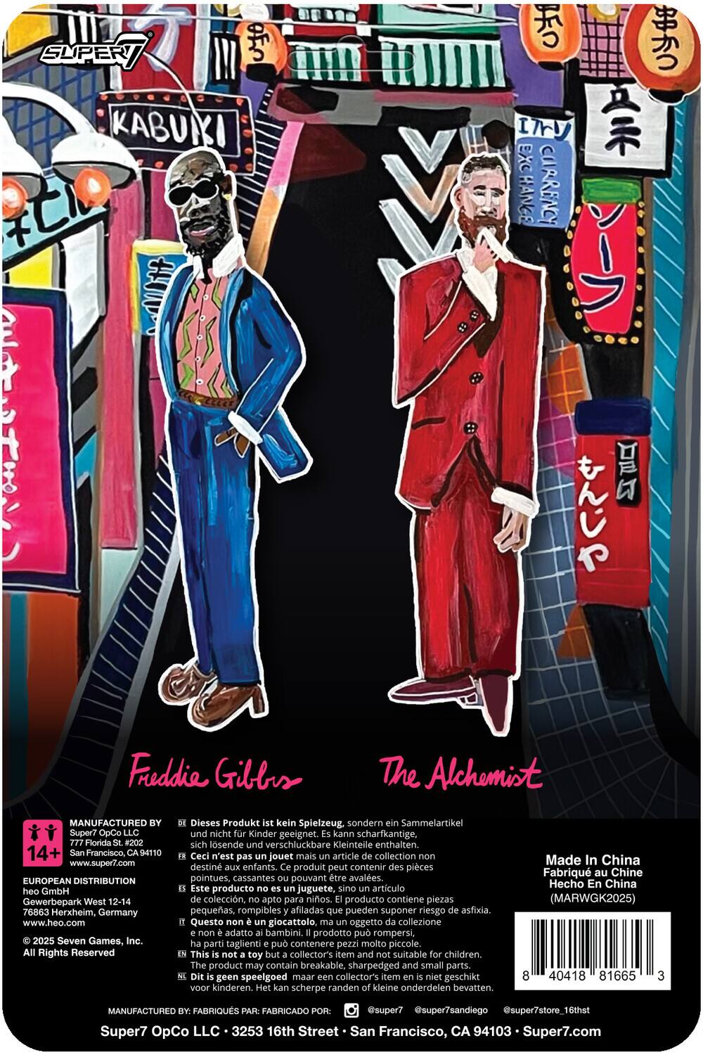 Sure, here is the corrected and grouped text from the image:

---

**Super7**

**Freddie Giblas**  
**The Alchemist**

**MANUFACTURED BY**  
Super7 OpCo LLC  
777 Florida #202  
San Francisco, CA 94110  
www.super7.com

**EUROPEAN DISTRIBUTION**  
heo GmbH  
Gewerbepark West 12-14  
76863 Herxheim, Germany  
www.heo.com

**2025 Seven Games, Inc.**  
All Rights Reserved

**Dieses Produkt ist kein Spielzeug, sondern ein Sammelartikel und nicht für Kinder geeignet. Kann scharfkantige, sich lösende und verschluckbare Kleinteile enthalten.**  
**Ceci n'est pas un jouet mais un article de collection non destiné aux enfants. Ce produit peut contenir des pièces pointues, cassantes pouvant être avalées.**  
**Este producto no es un juguete, sino un artículo de colección, apto para niños. El producto contiene piezas pequeñas, rompibles y afiladas que pueden suponer riesgo de