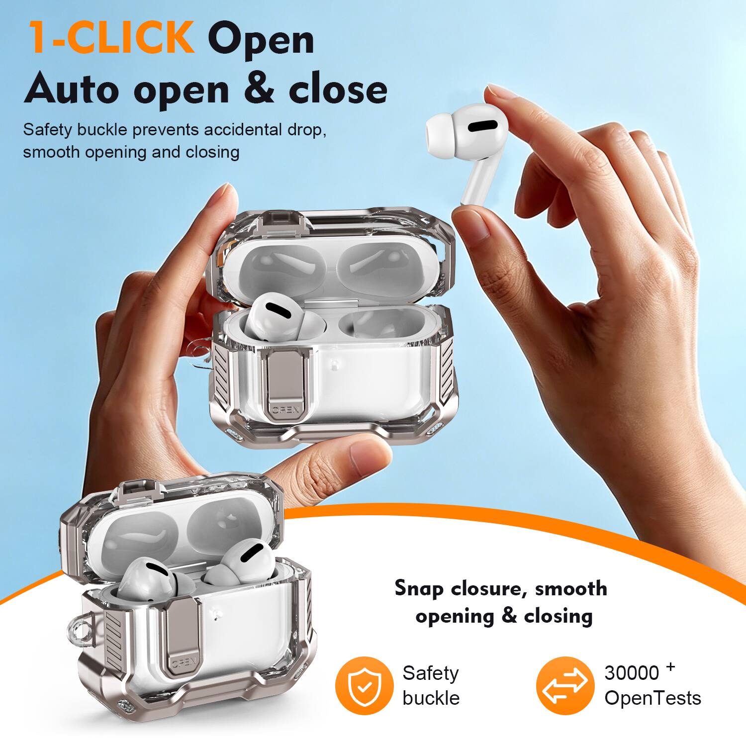 1-CLICK Open  
Auto open & close  
Safety buckle prevents accidental drop, smooth opening and closing  

Snap closure, smooth opening & closing  

Safety buckle  
30000+ OpenTests