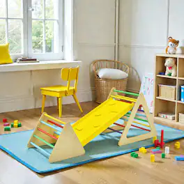 BreeBe - 3-in-1 Wooden Playset with 2 Triangle Climbers and Slide Ramp - Multicolor