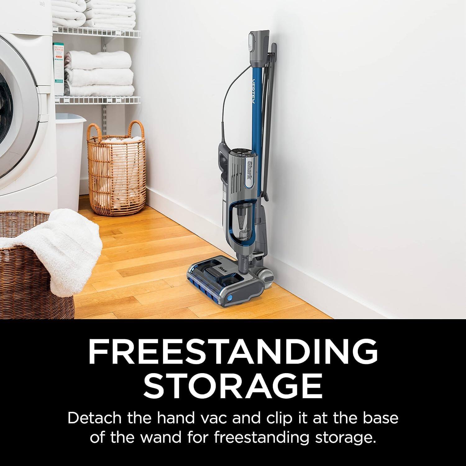 FREESTANDING STORAGE

Detach the hand vac and clip it at the base of the wand for freestanding storage.