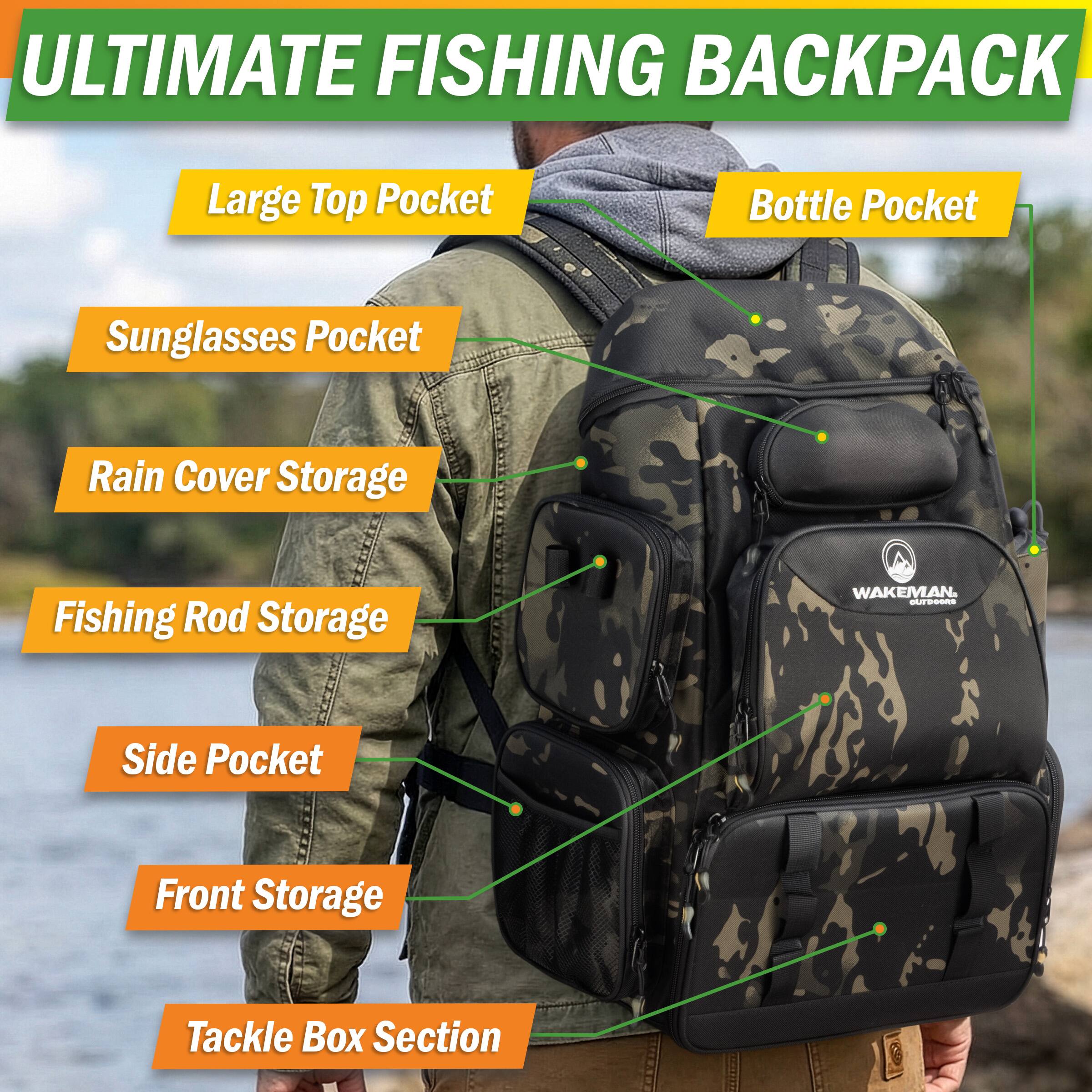 ULTIMATE FISHING BACKPACK

- Large Top Pocket
- Bottle Pocket
- Sunglasses Pocket
- Rain Cover Storage
- Fishing Rod Storage
- Side Pocket
- Front Storage
- Tackle Box Section