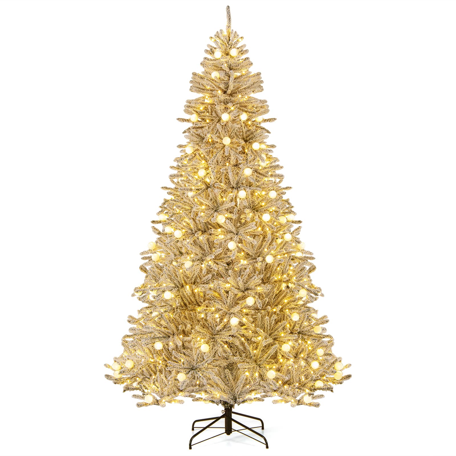 Costway - 8 FT Snow-flocked Artificial Christmas Tree with 81 Sphere Lights 450 LED Lights - Green,White