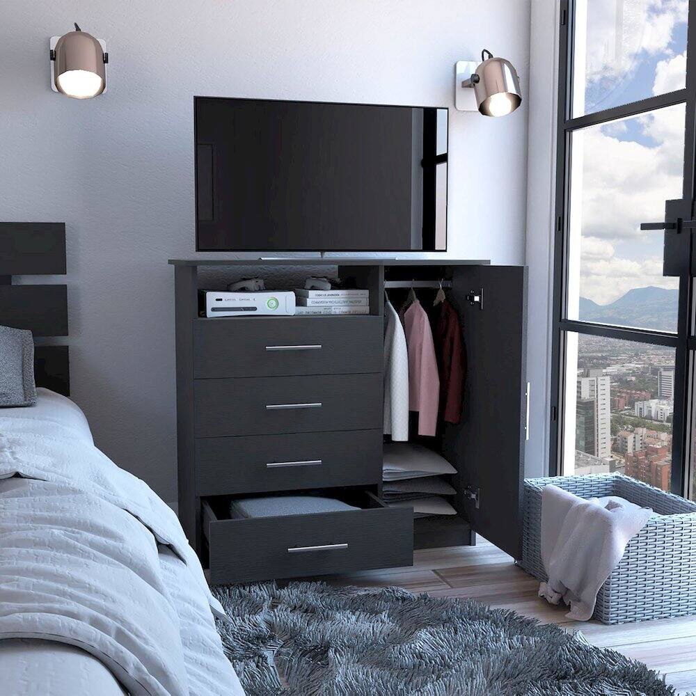 Alt View 4. TuHome - Peru 4 Drawer Dresser, Single Door Cabinet, One Open Shelf, Superior Top - Black.