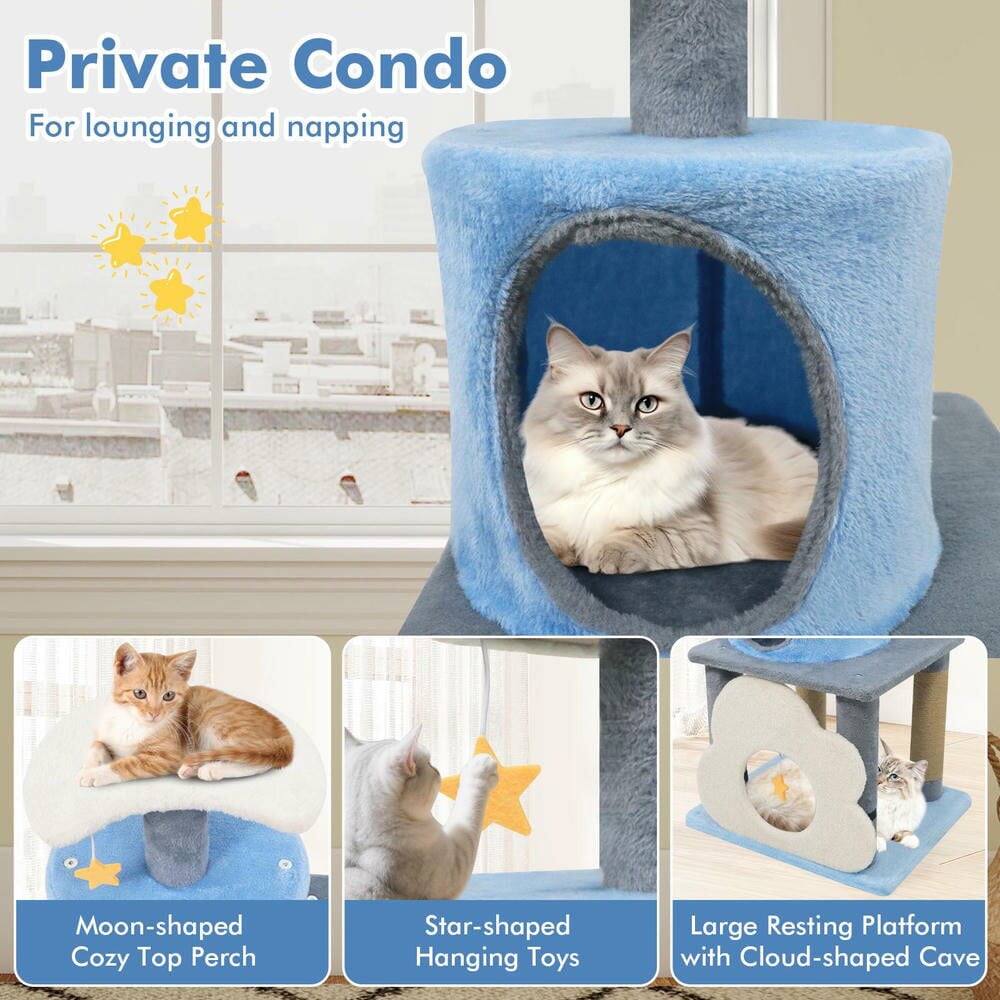 Private Condo  
For lounging and napping  

Moon-shaped Cozy Top Perch  
Star-shaped Hanging Toys  
Large Resting Platform with Cloud-shaped Cave