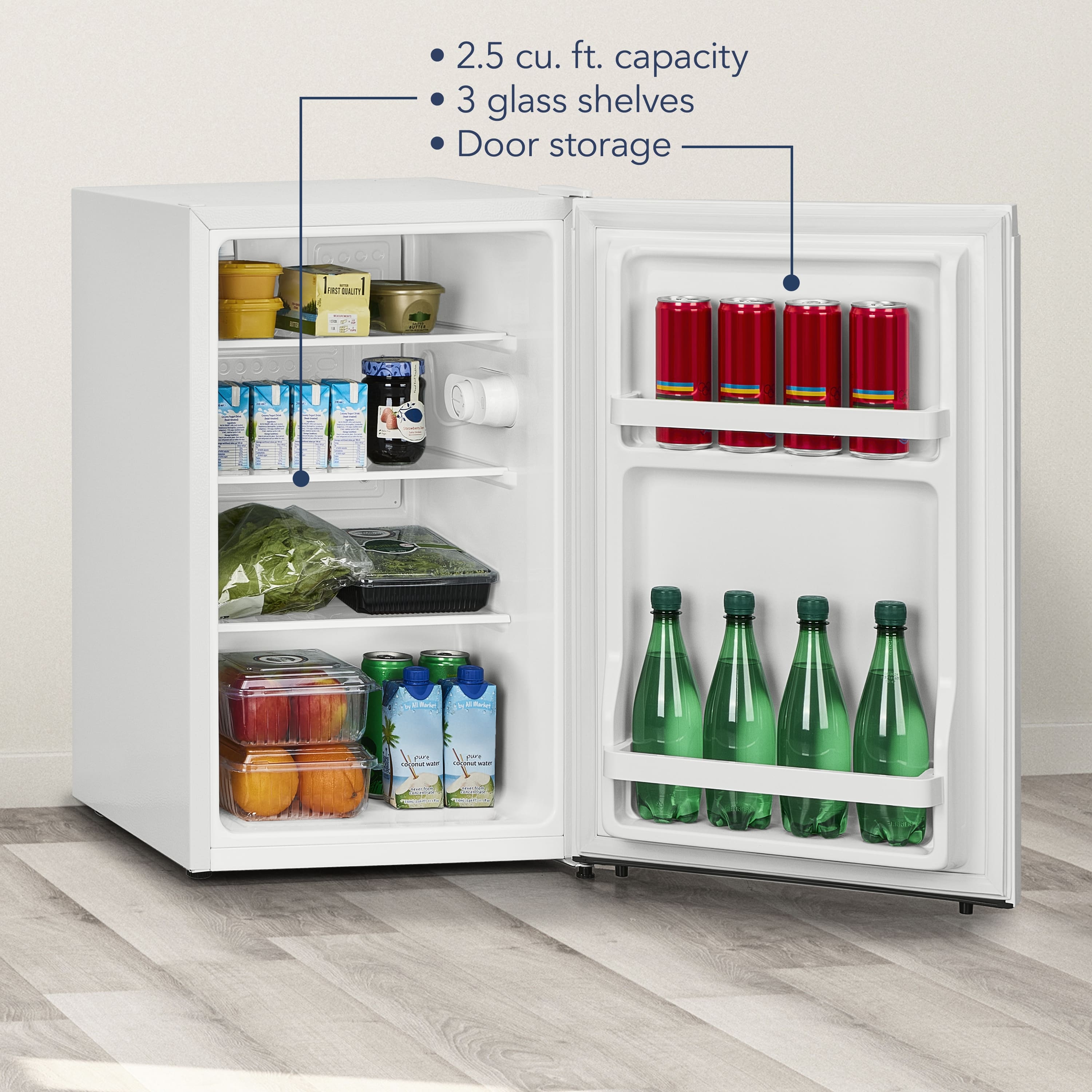 The text on the image reads: "2.5 cu. ft. capacity 3 glass shelves Door storage."
