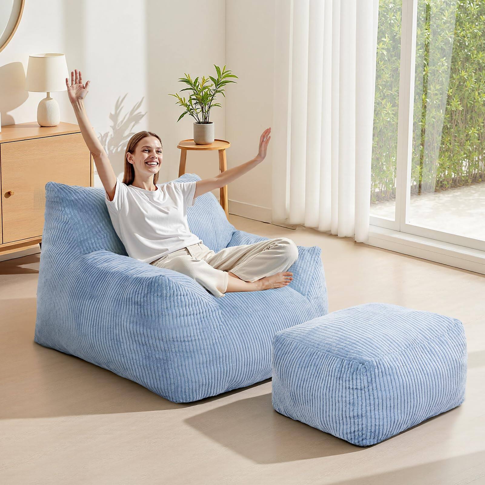PO3TICJUNKI3 - Bean Bag Chair For Adults Beanbag With Ottoman Pre filled Fluffy Lazy Corded Fabric Accent Bedroom Living R - Light Blue