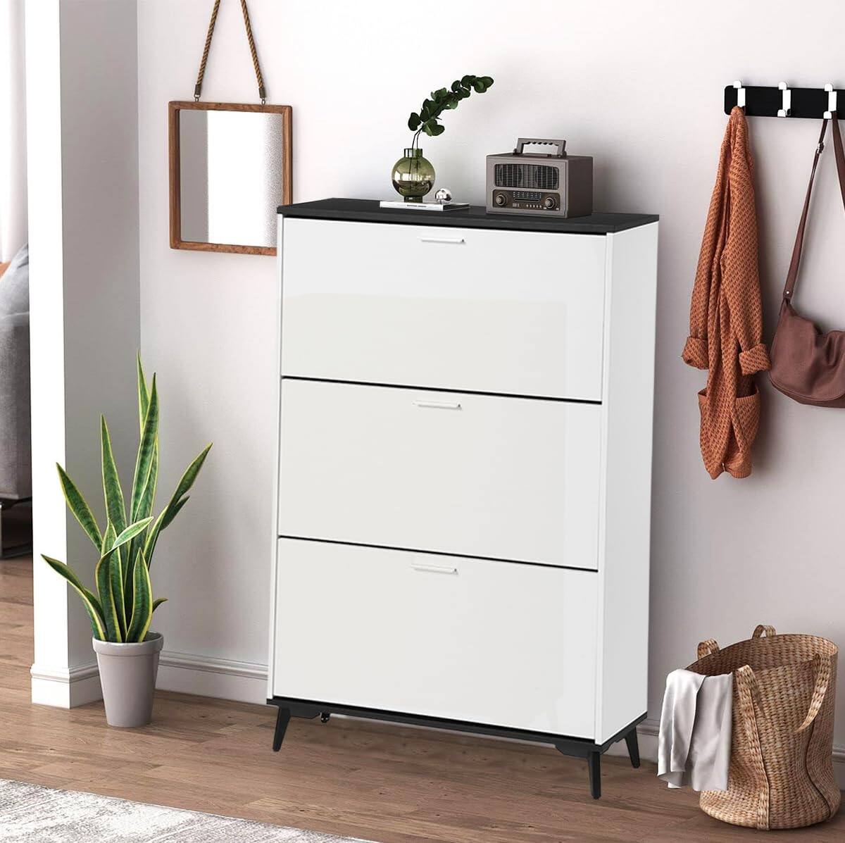 Alt View 2. Babevy - 47" Shoe Storage Cabinet with 3 Flip Drawers, Narrow Freestanding Wooden Shoe Organizer for Entryway - White.