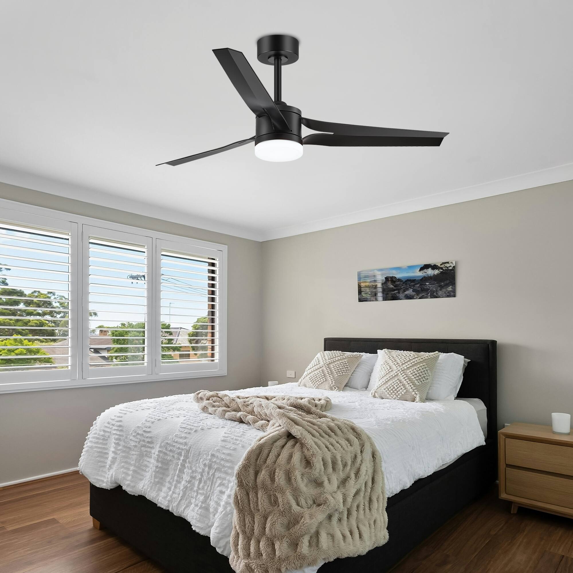 Alt View 1. Breezary - Breezary 52'' Ceiling Fan with 3-Color Light, 3 ABS Blades, DC Motor, 5''&10'' Downrods, 6-Speed Remote Control & Timer - Matte Black.