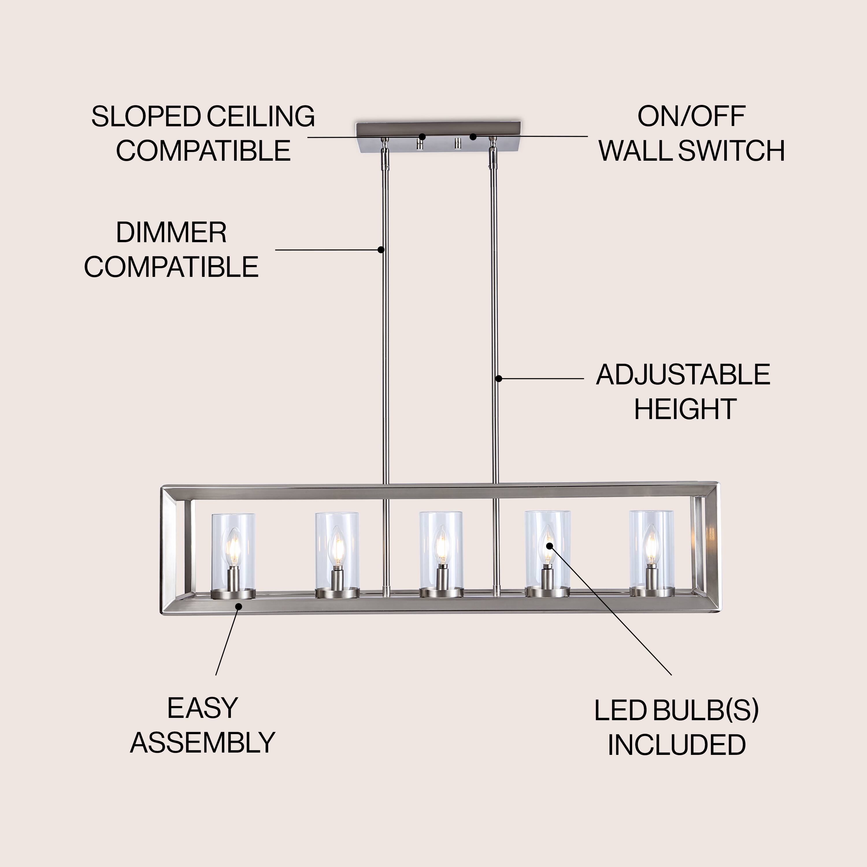 SLOPED CEILING COMPATIBLE  
ON/OFF WALL SWITCH  
DIMMER COMPATIBLE  
ADJUSTABLE HEIGHT  
EASY ASSEMBLY  
LED BULB(S) INCLUDED