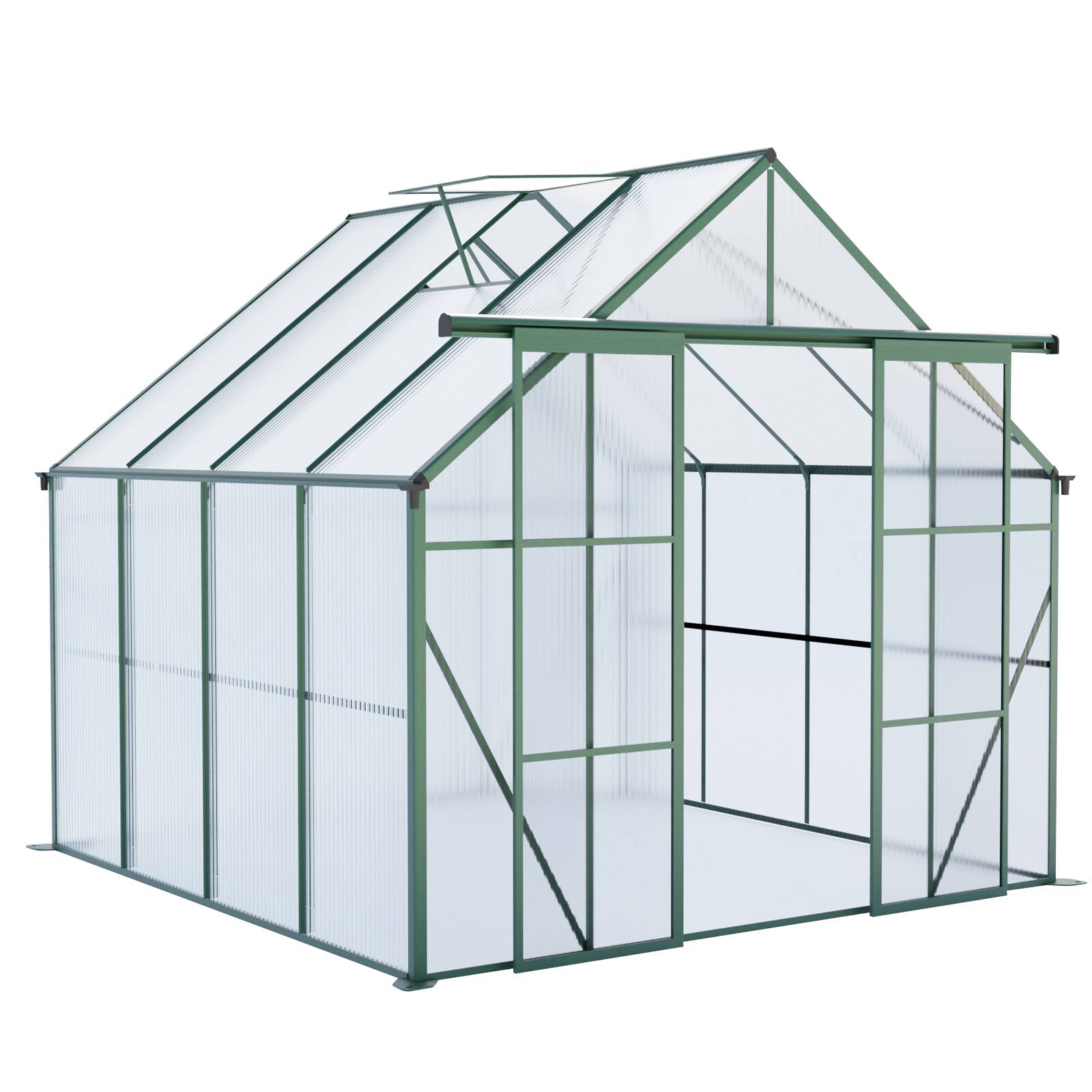 Front. Mondawe - 8x8 FT Double Door Polycarbonate Greenhouse - Green.