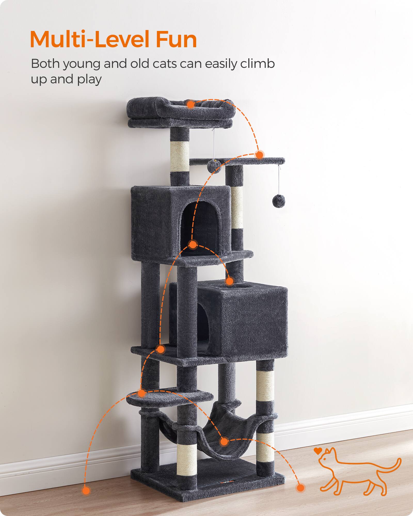 Multi-Level Fun  
Both young and old cats can easily climb up and play