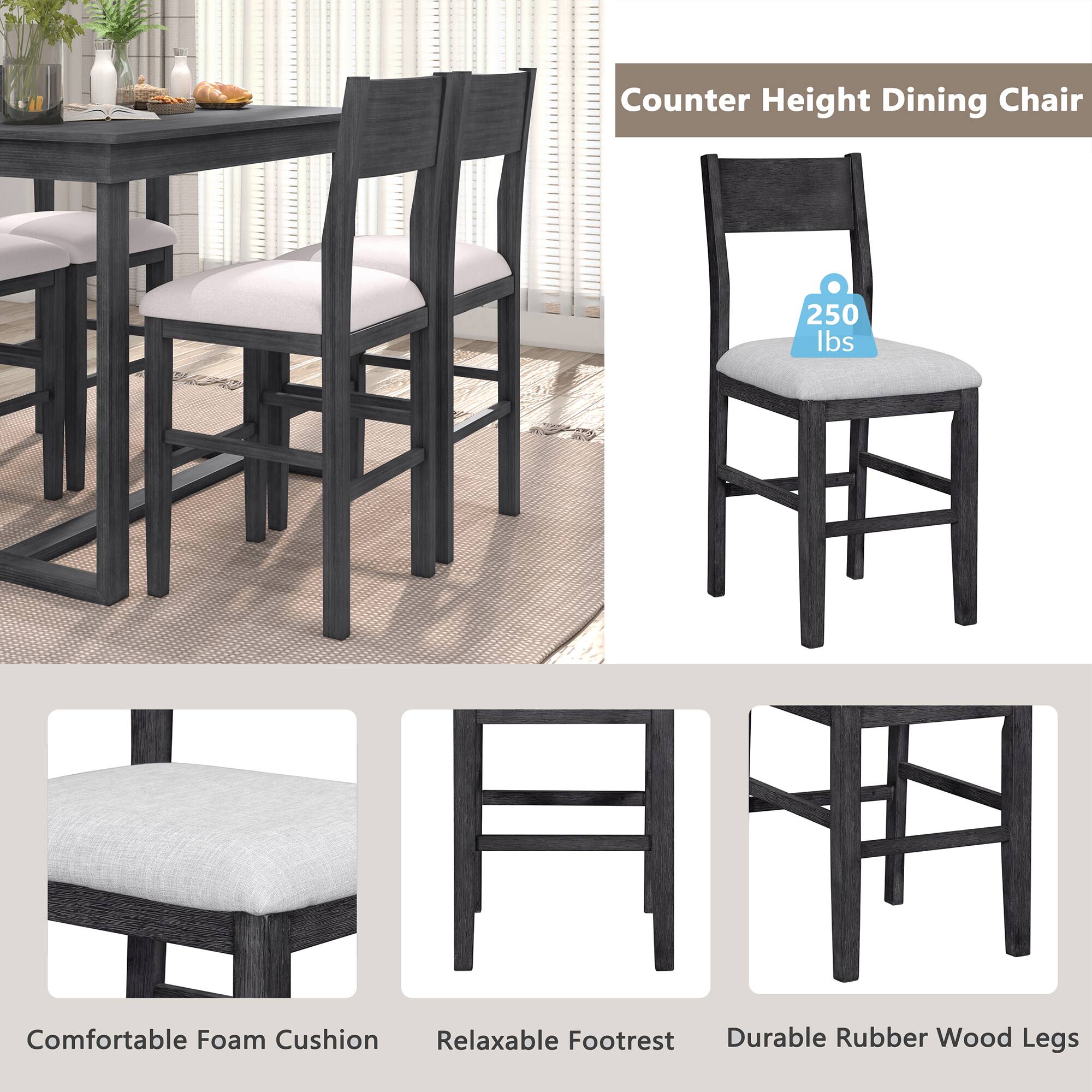 Counter Height Dining Chair  
250 lbs  
Comfortable Foam Cushion  
Relaxable Footrest  
Durable Rubber Wood Legs
