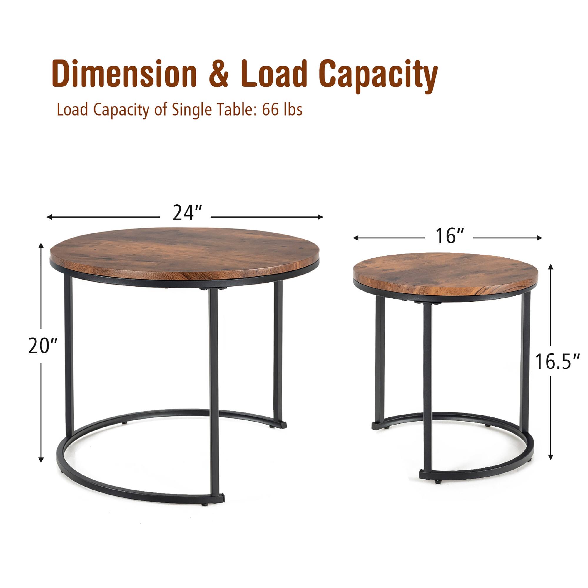 Dimension & Load Capacity:

Load Capacity of Single Table: 66 lbs
Dimensions: 24" diameter
Height: 16"
Leg Diameter: 20"
Leg Height: 16.5"