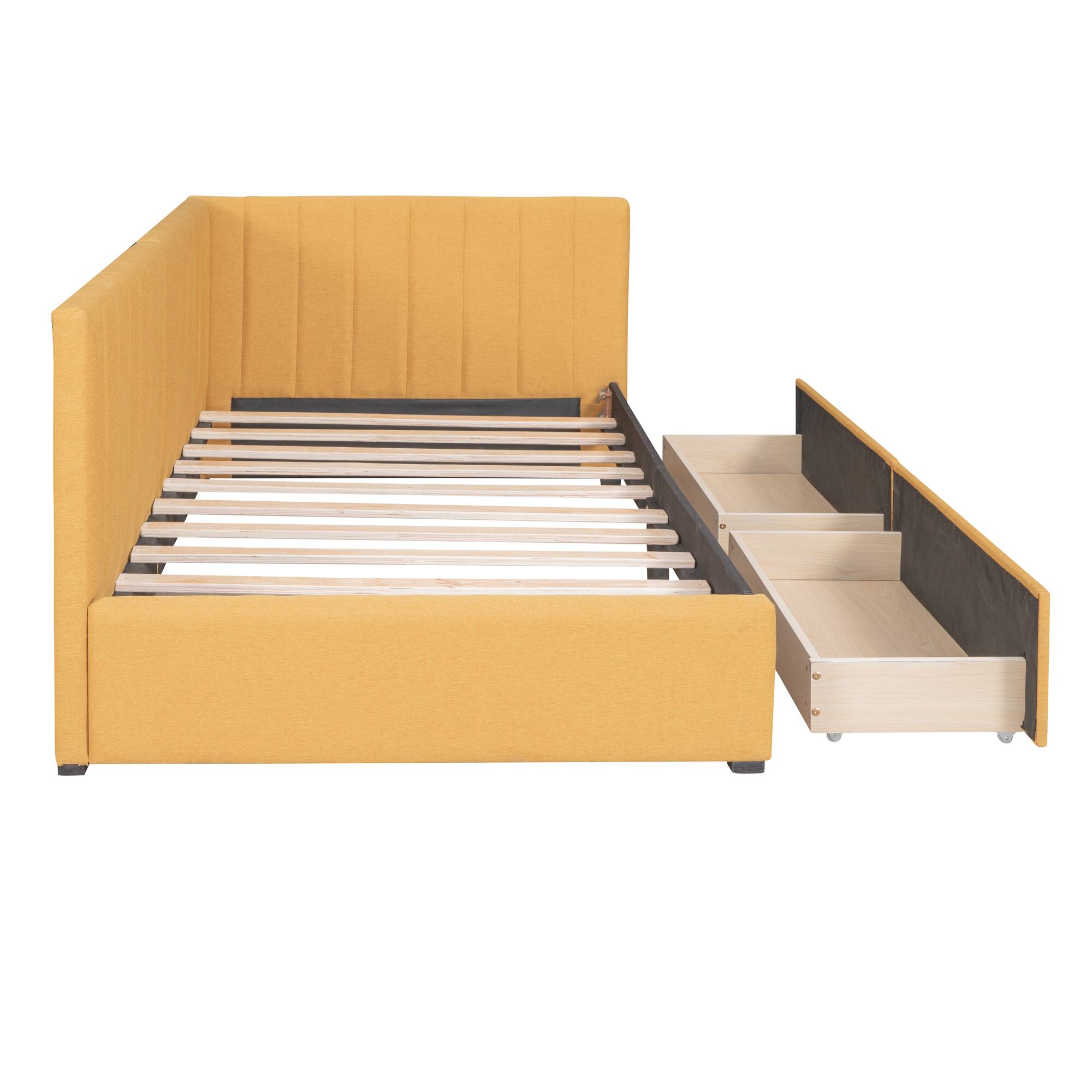 Alt View 2. Tiramisubest - Upholstered Daybed with 2 Storage Drawers Twin Size Sofa Bed Frame No Box Spring Needed, Linen Fabric (Yellow) - Yellow.