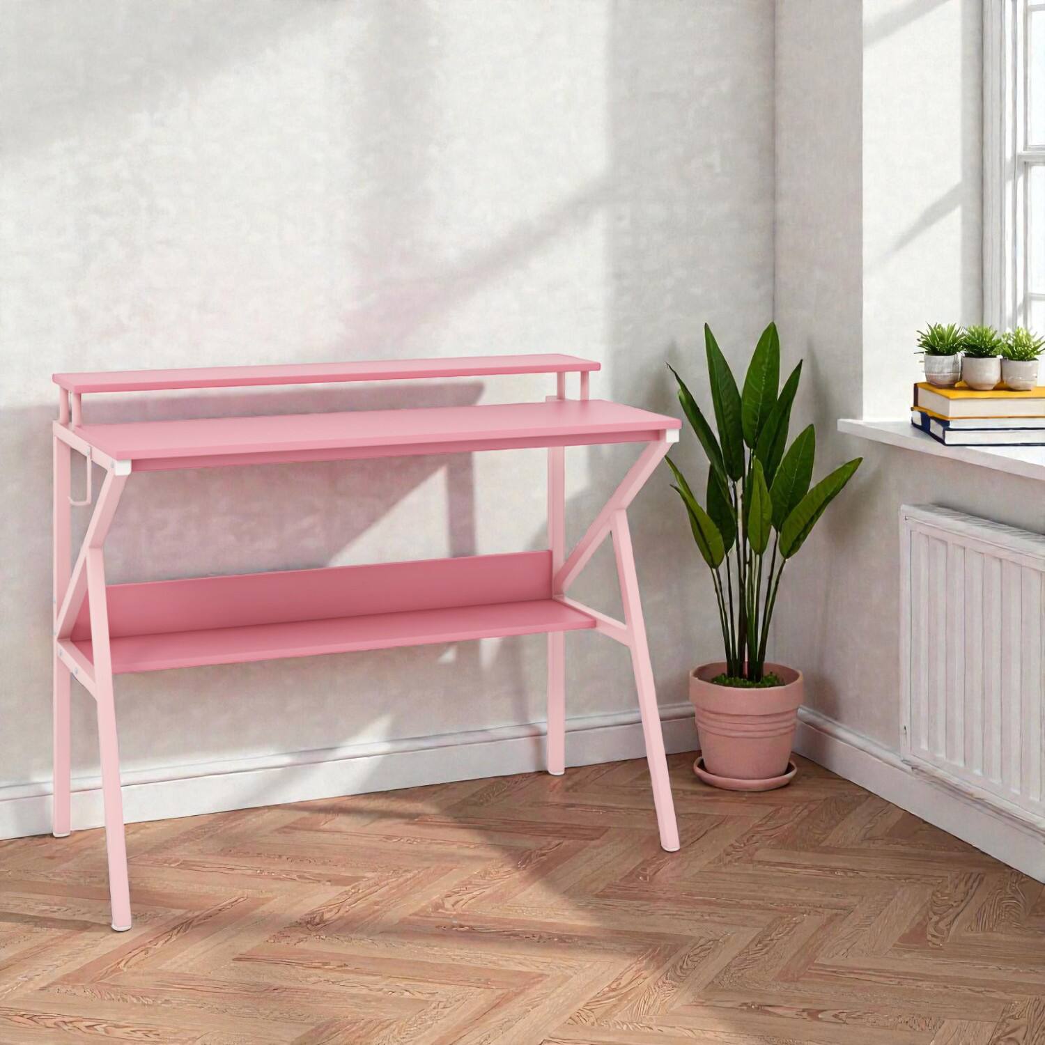 Hivvago - Slim Home Office Desk with Extra Storage and Monitor Platform - Pink