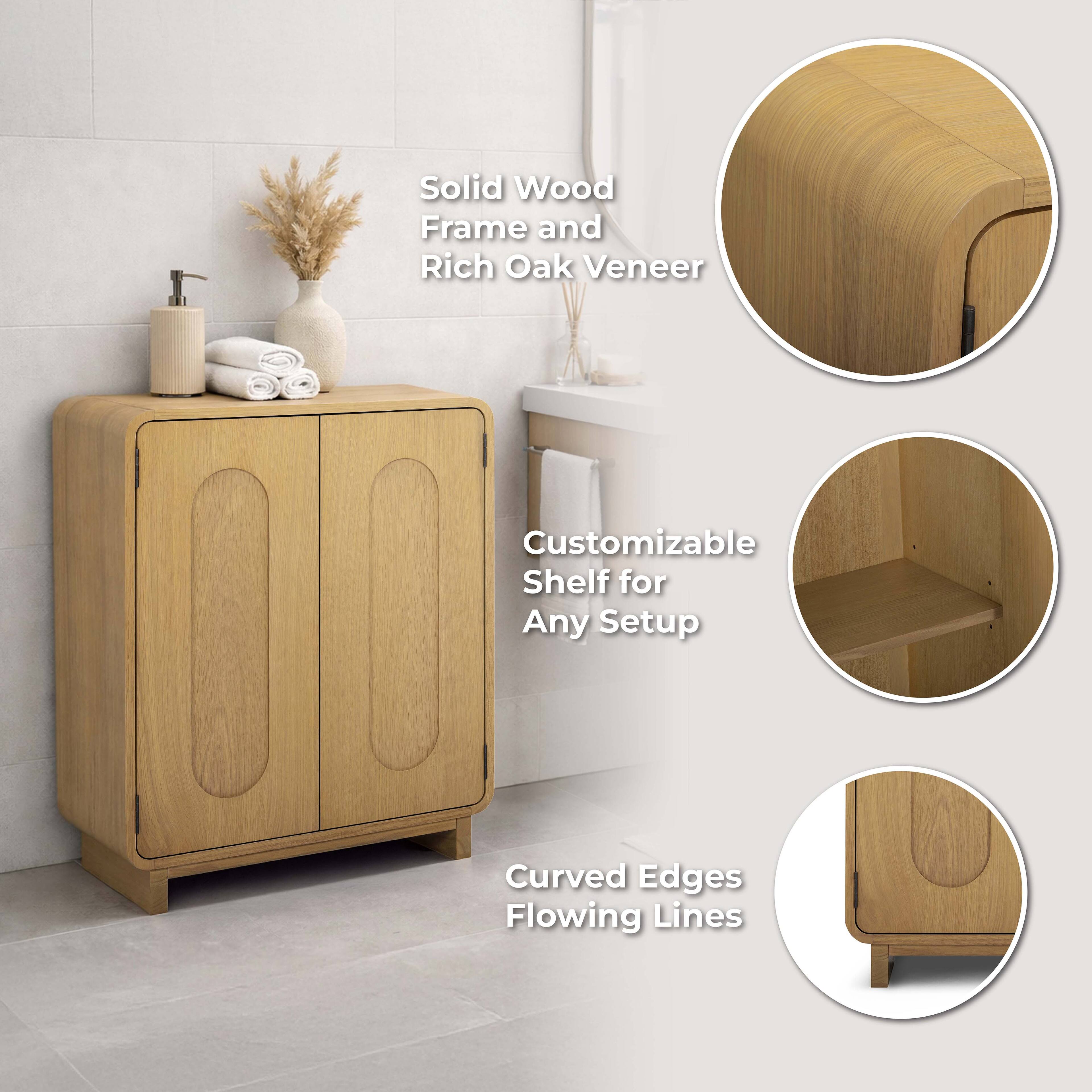 Solid Wood Frame and Rich Oak Veneer  
Customizable Shelf for Any Setup  
Curved Edges Flowing Lines
